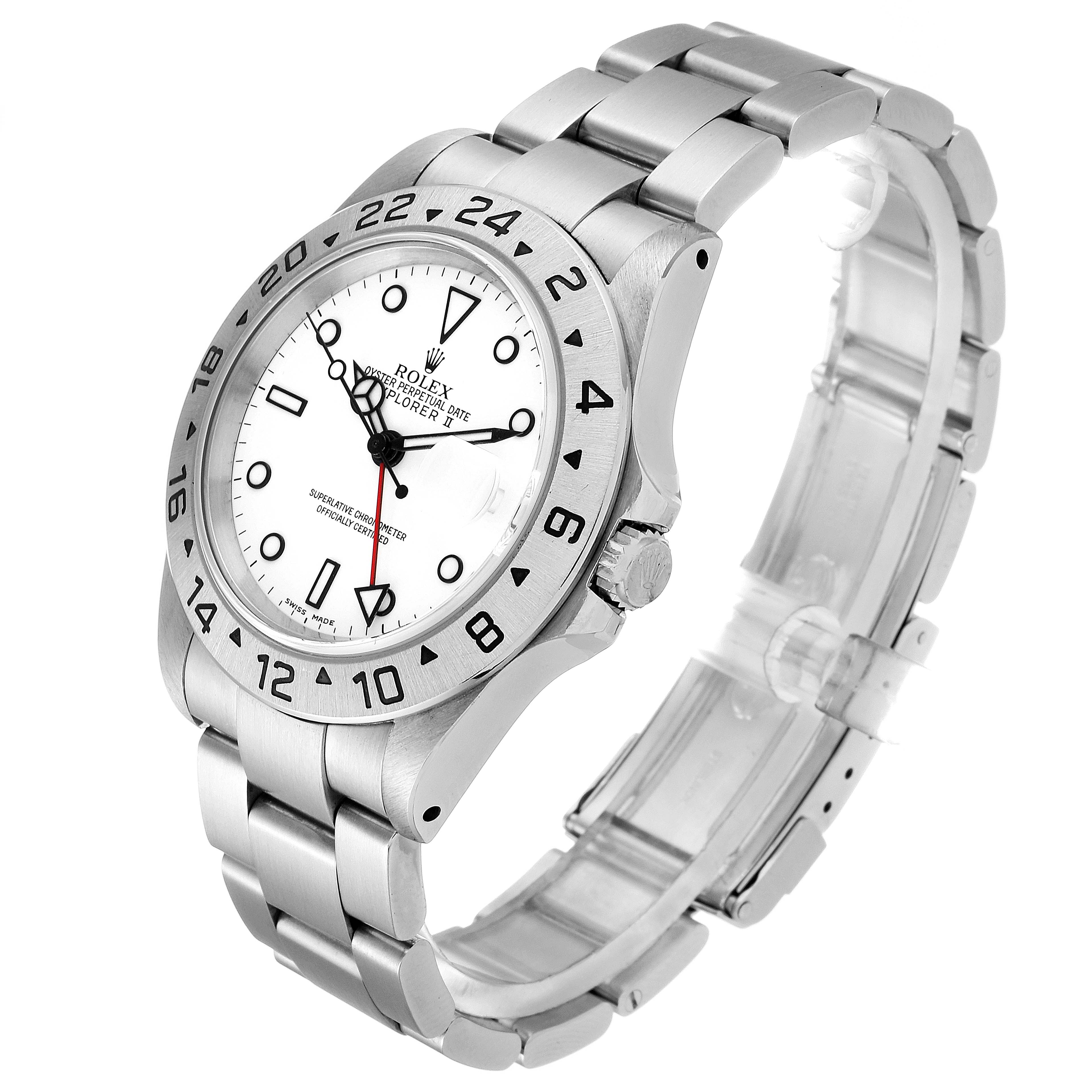 The image shows a side-angle view of a Rolex Explorer 16570 Men
s Stainless Steel White Dial 16570 Men
s Stainless Steel White Dial watch, highlighting the face, bezel, crown, and bracelet.
