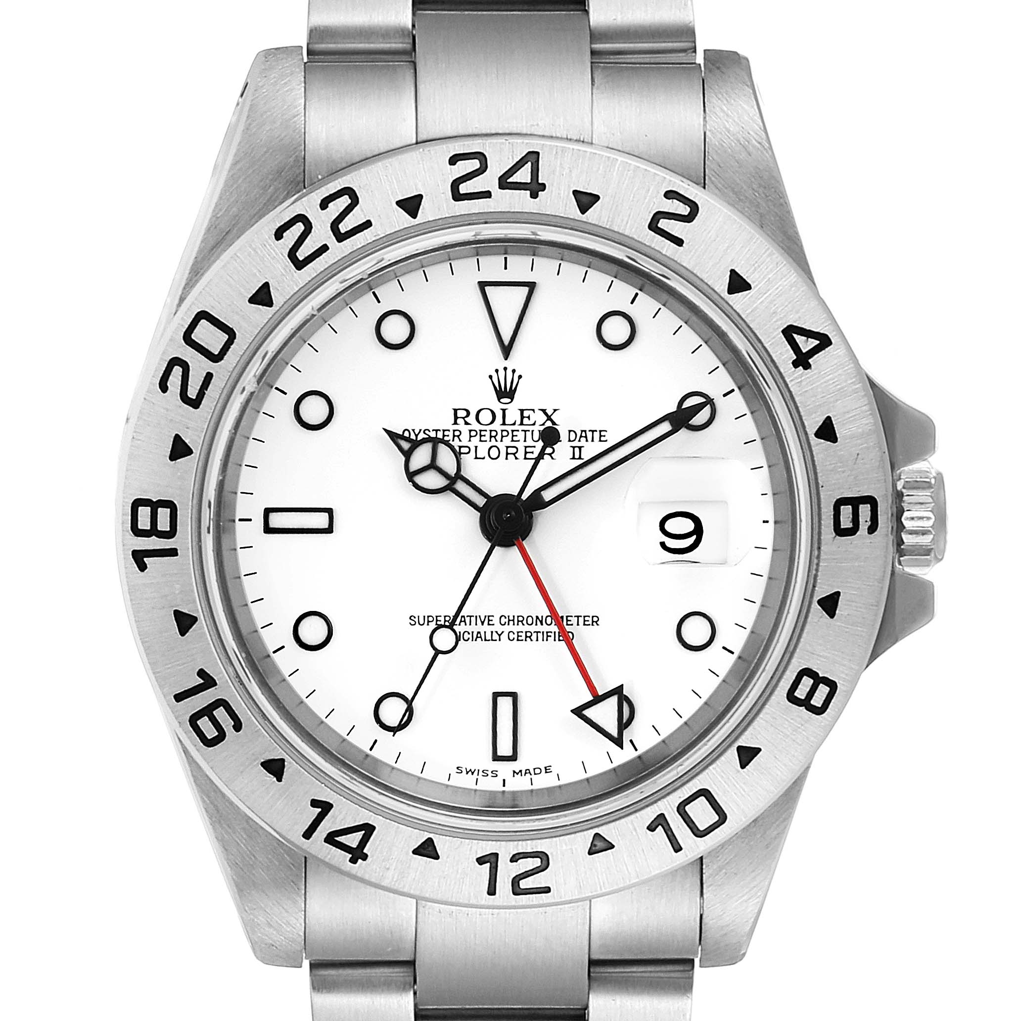 This is a front view of the Rolex Explorer 16570 Men
s Stainless Steel White Dial 16570 Men
s Stainless Steel White Dial watch, showing the white dial, hands, bezel, crown, and part of the bracelet.