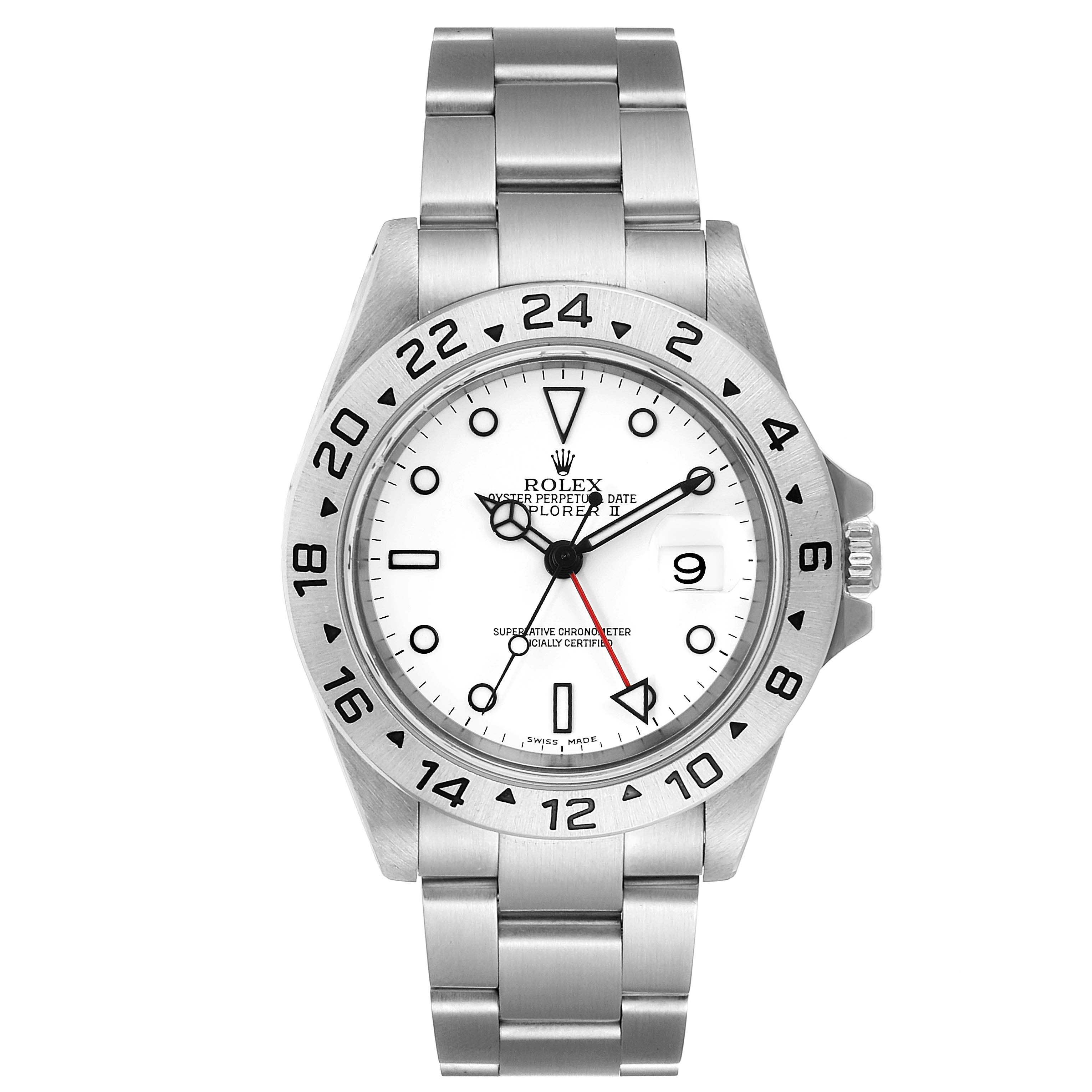 The image shows the front view of a Rolex Explorer 16570 Men
s Stainless Steel White Dial 16570 Men
s Stainless Steel White Dial watch, highlighting its dial, bezel, and bracelet.