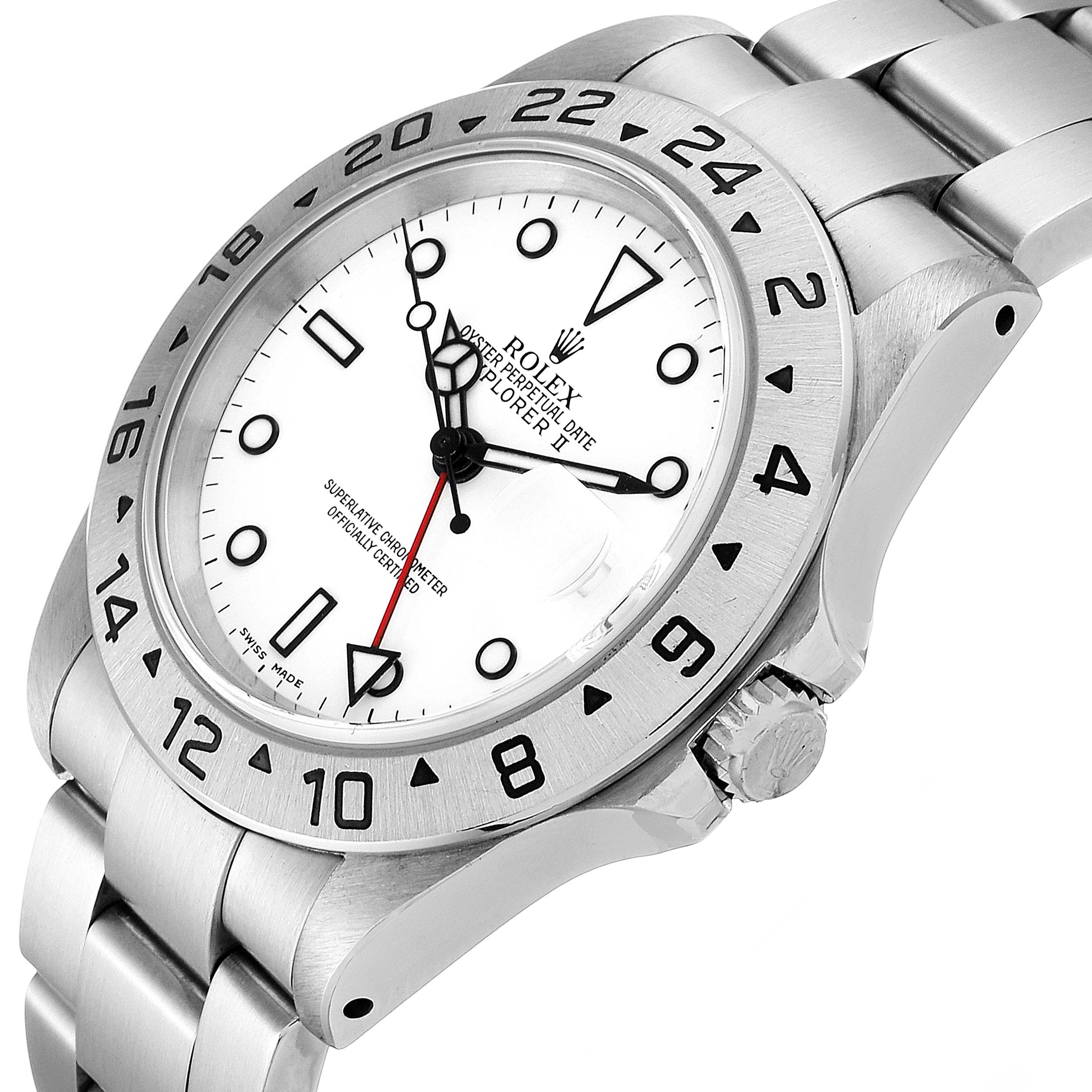 The image shows a Rolex Explorer 16570 Men
s Stainless Steel White Dial 16570 Men
s Stainless Steel White Dial watch at an angled close-up, displaying the face, bezel, crown, and part of the bracelet.