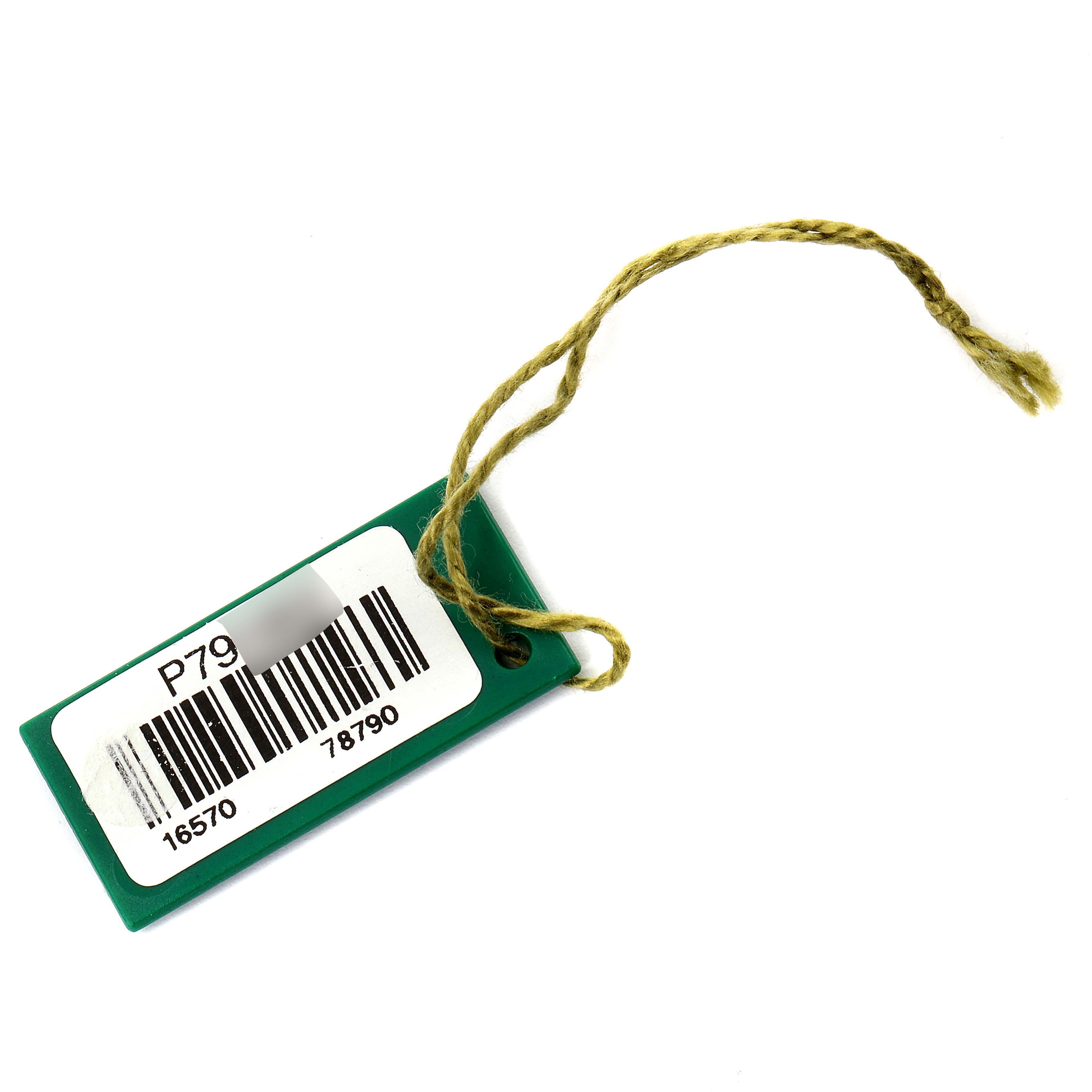 This image shows a green tag with a barcode and a string, likely an accessory for a Rolex Explorer 16570 Men
s Stainless Steel White Dial 16570 Men
s Stainless Steel White Dial model watch.