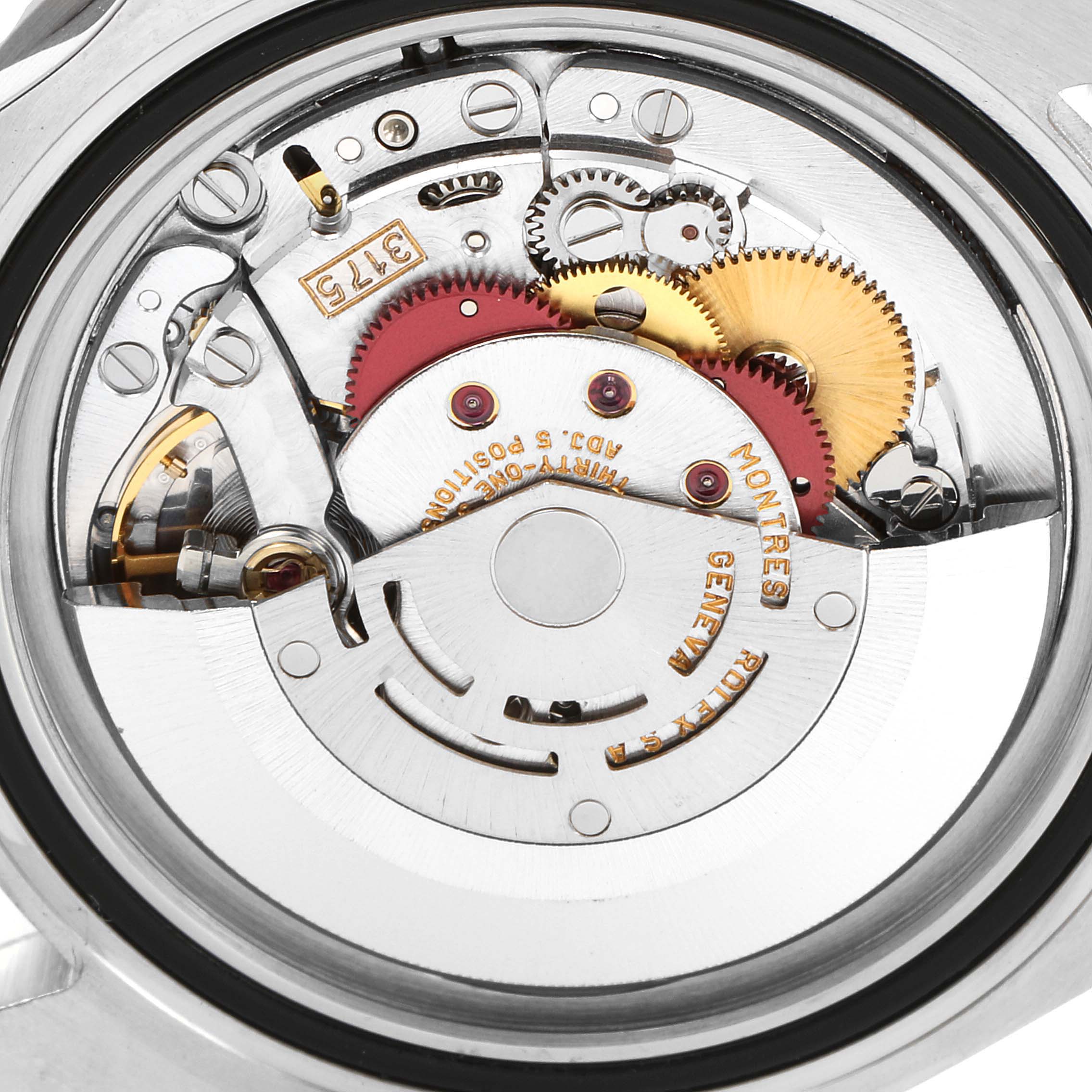 This image shows a close-up view of the movement and inner mechanics of a Rolex GMT-Master 16700 Men
s Stainless Steel Black Dial 16700 Men
s Stainless Steel Black Dial watch.