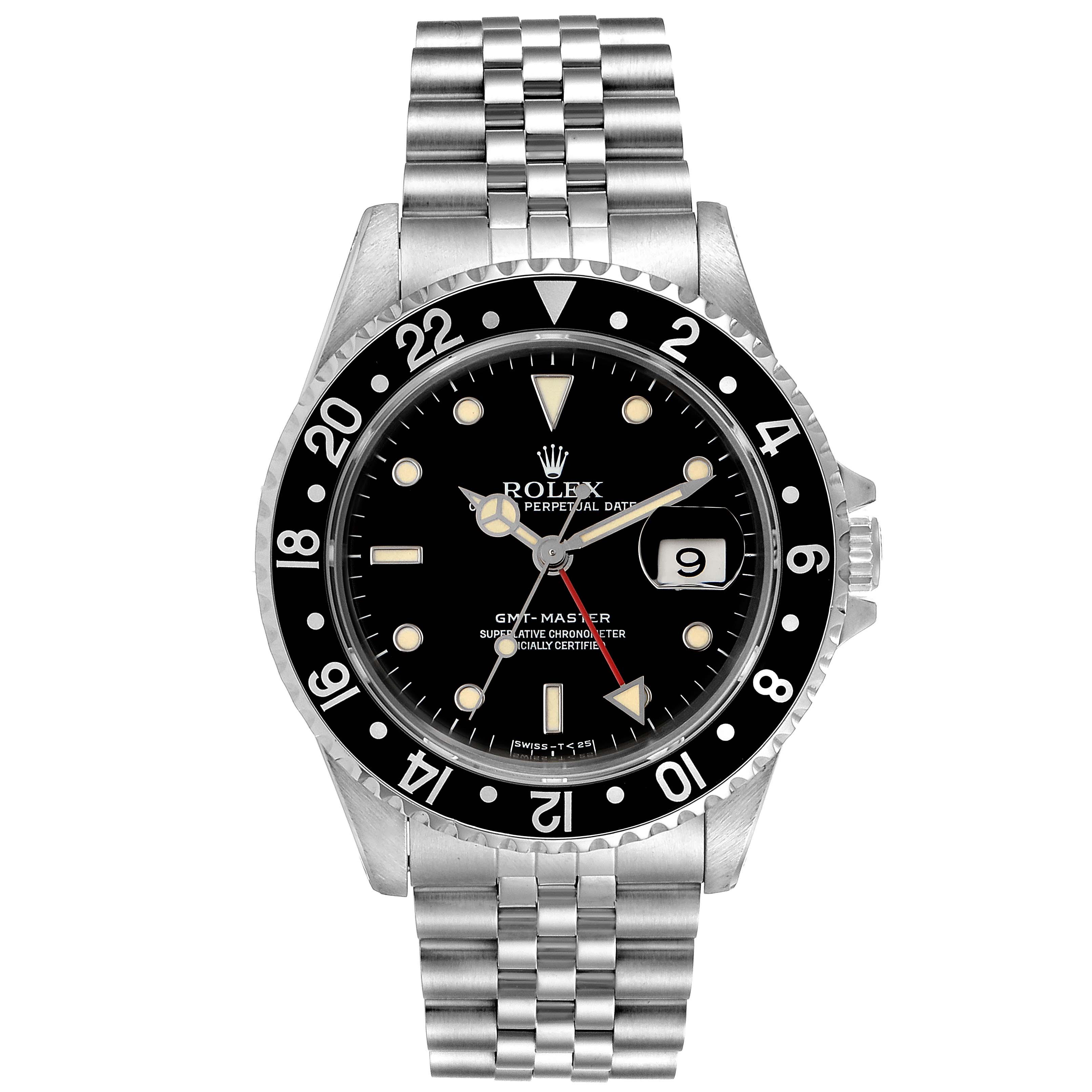 The image shows a front view of a Rolex GMT-Master 16700 Men
s Stainless Steel Black Dial 16700 Men
s Stainless Steel Black Dial watch featuring a stainless steel bracelet.