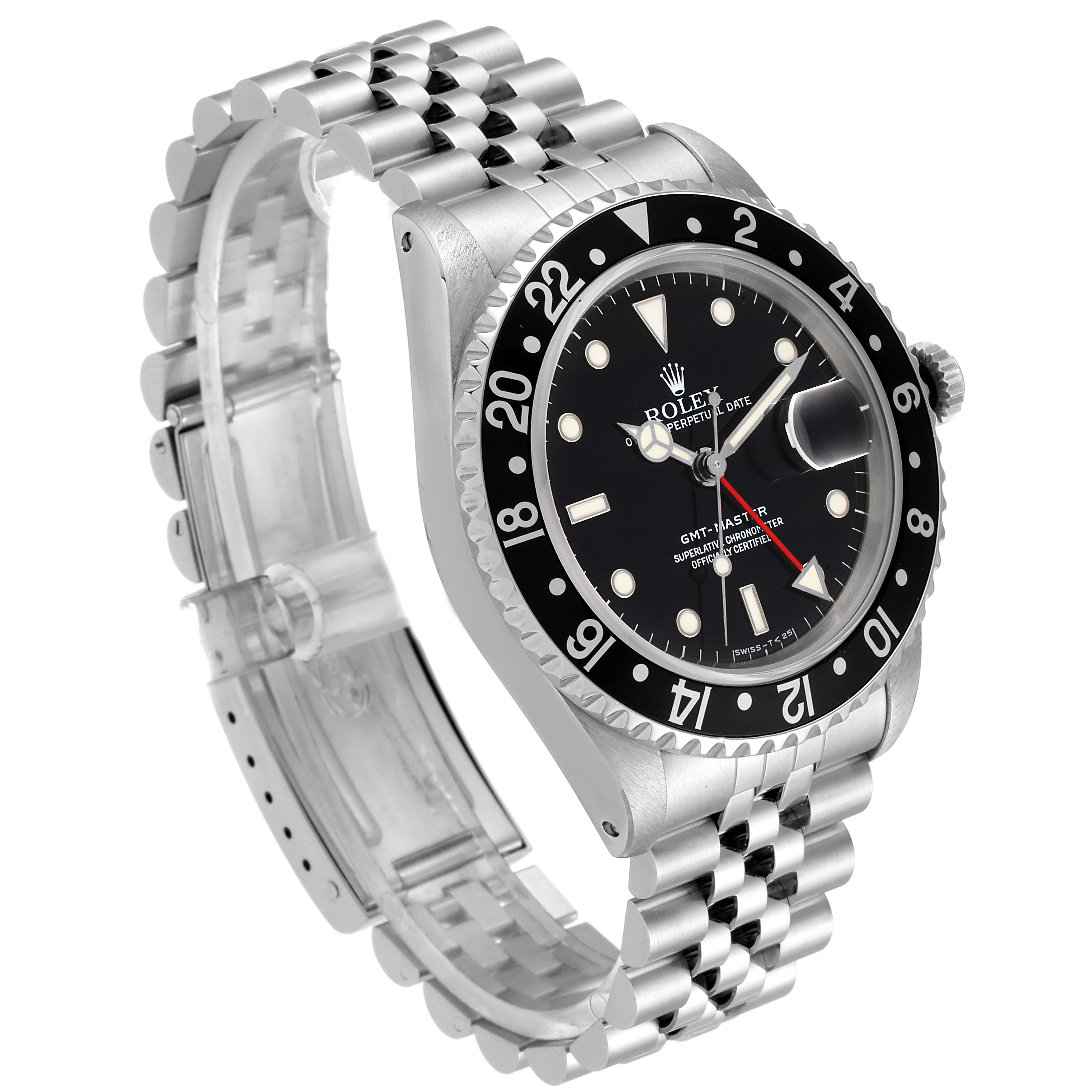 The Rolex GMT-Master 16700 Men
s Stainless Steel Black Dial 16700 Men
s Stainless Steel Black Dial watch is shown at a three-quarter angle, highlighting the bezel, dial, Jubilee bracelet, and crown.
