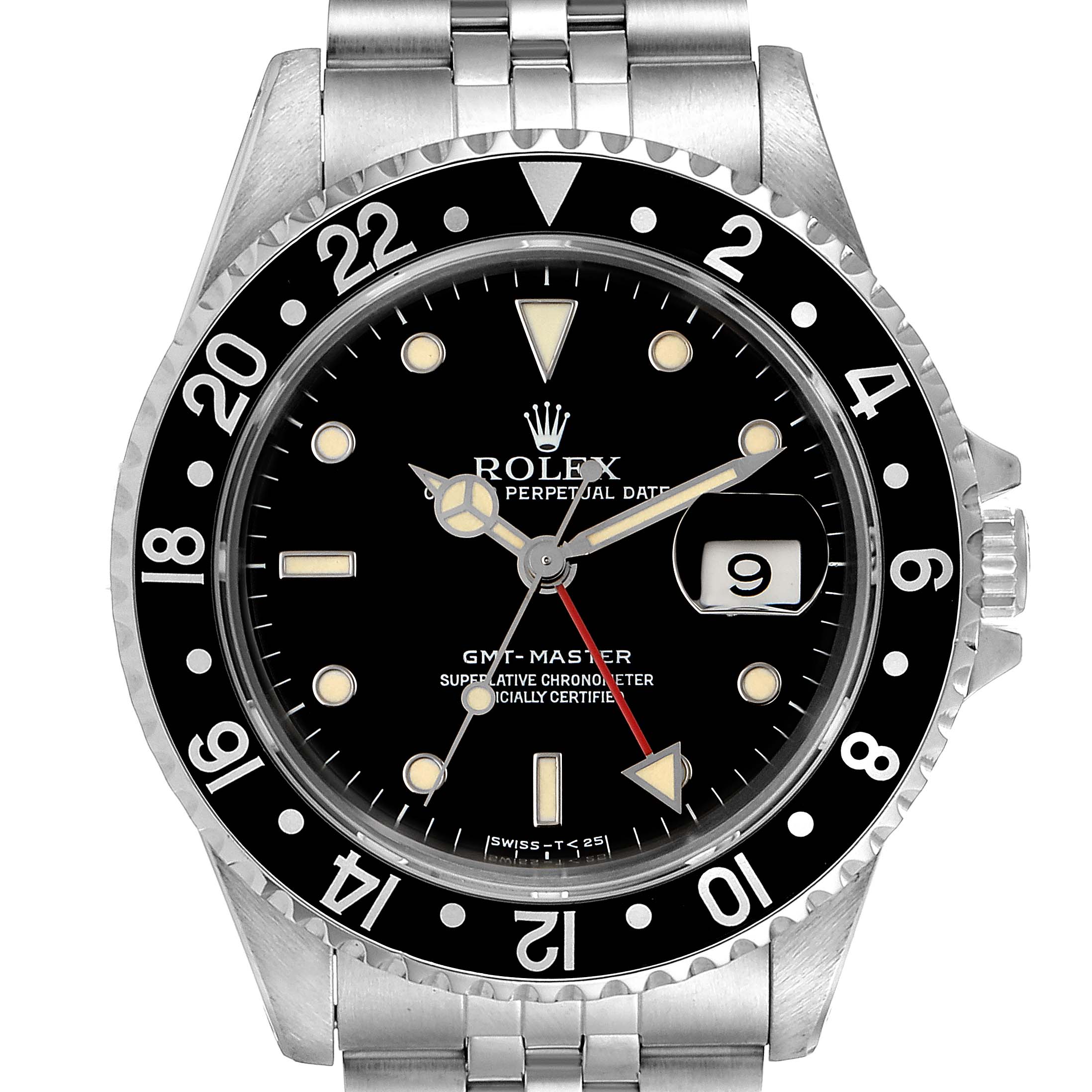 The Rolex GMT-Master 16700 Men
s Stainless Steel Black Dial 16700 Men
s Stainless Steel Black Dial watch is shown from a straight-on angle, displaying the face, hands, bezel, and bracelet.