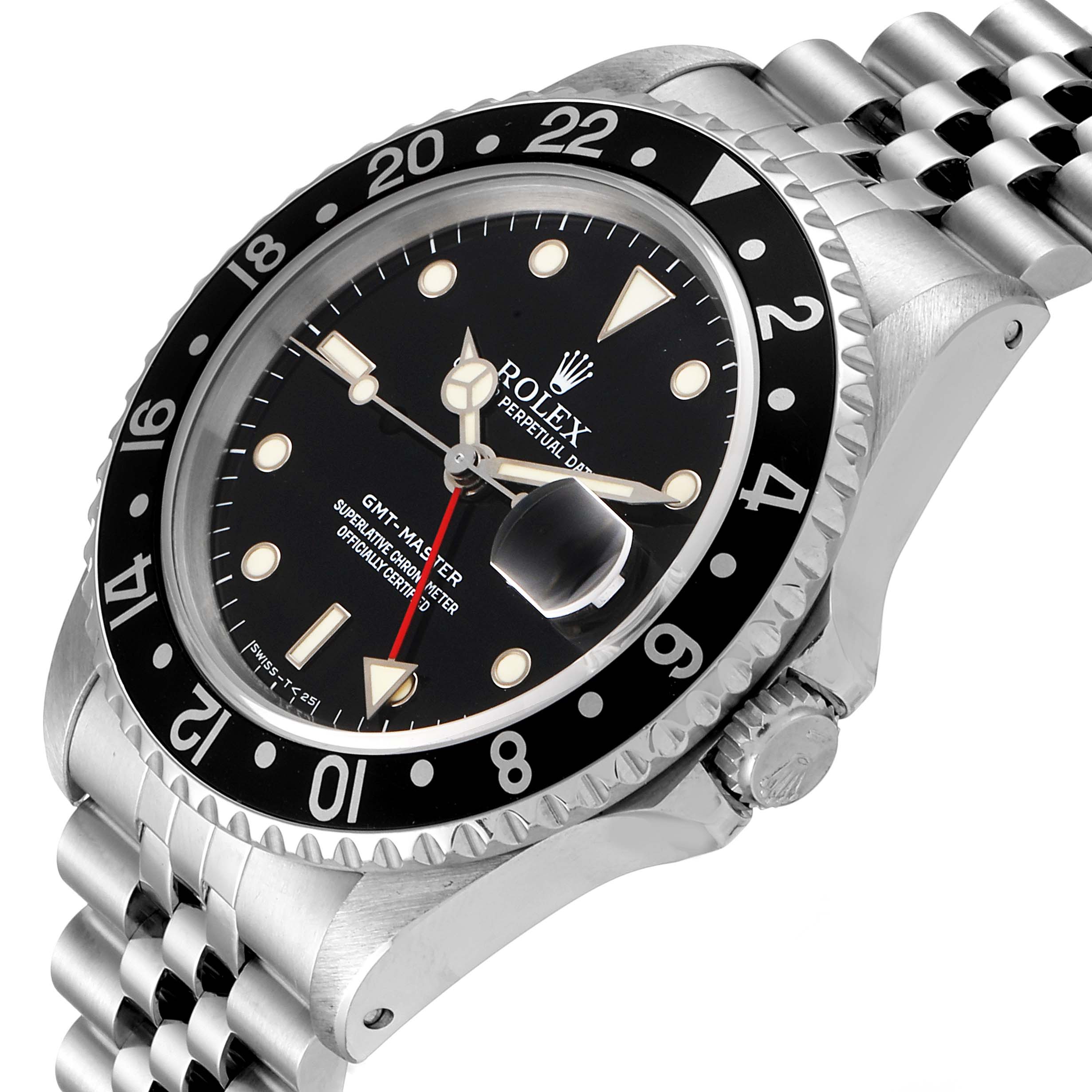 This image shows a side angle of the Rolex GMT-Master 16700 Men
s Stainless Steel Black Dial 16700 Men
s Stainless Steel Black Dial watch, highlighting the bezel, dial, hour markers, hands, and jubilee bracelet.