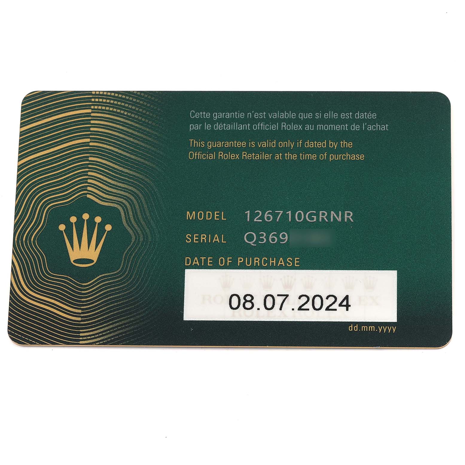 This image shows a warranty card for a Rolex GMT-Master 126710GRNR Men's Stainless Steel Black Dial 126710GRNR Men's Stainless Steel Black Dial model, displaying model and serial numbers.