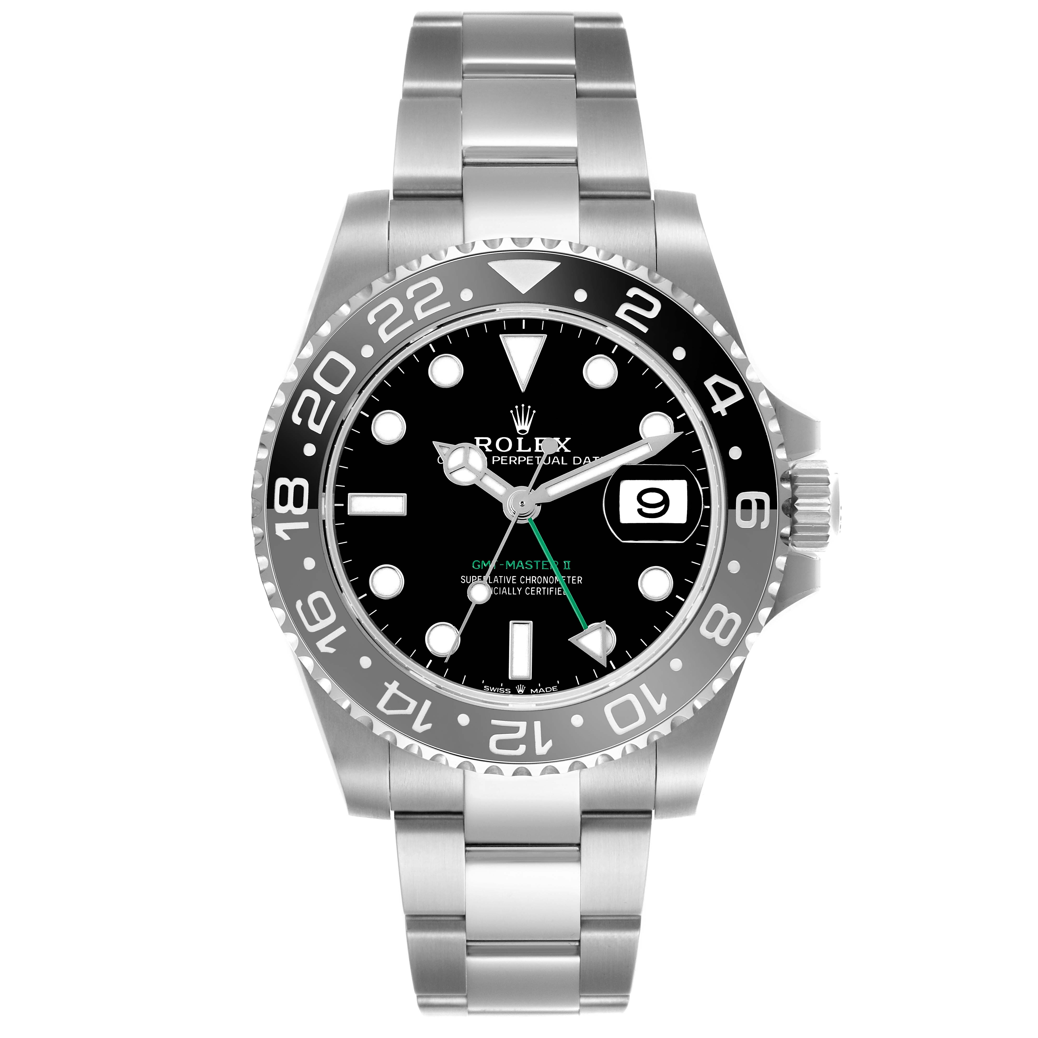 The image shows a front view of the Rolex GMT-Master 126710GRNR Men's Stainless Steel Black Dial 126710GRNR Men's Stainless Steel Black Dial II watch, highlighting the bezel, dial, bracelet, and date feature.