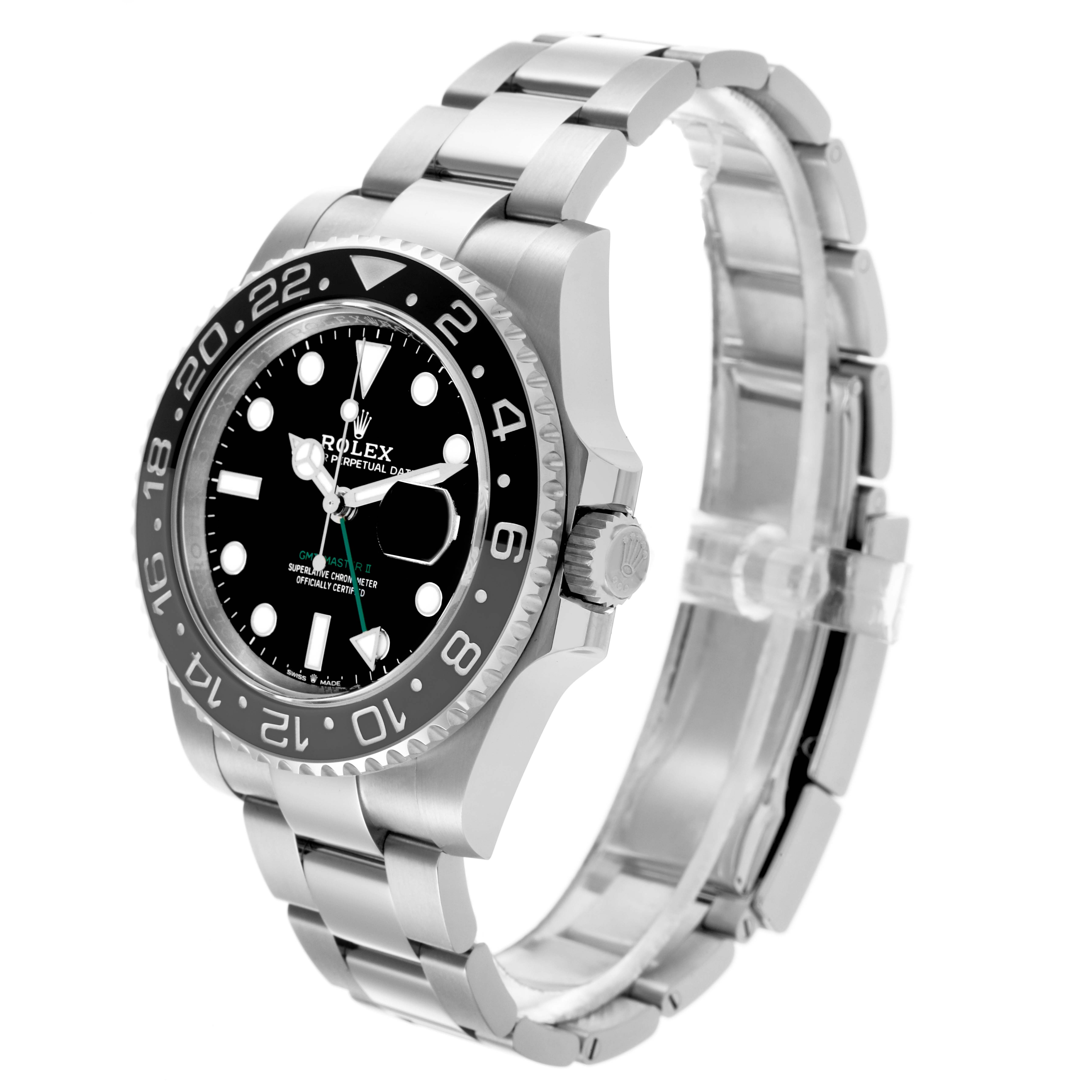 The Rolex GMT-Master 126710GRNR Men's Stainless Steel Black Dial 126710GRNR Men's Stainless Steel Black Dial watch is shown at a three-quarter angle, highlighting the face, bezel, crown, and bracelet.