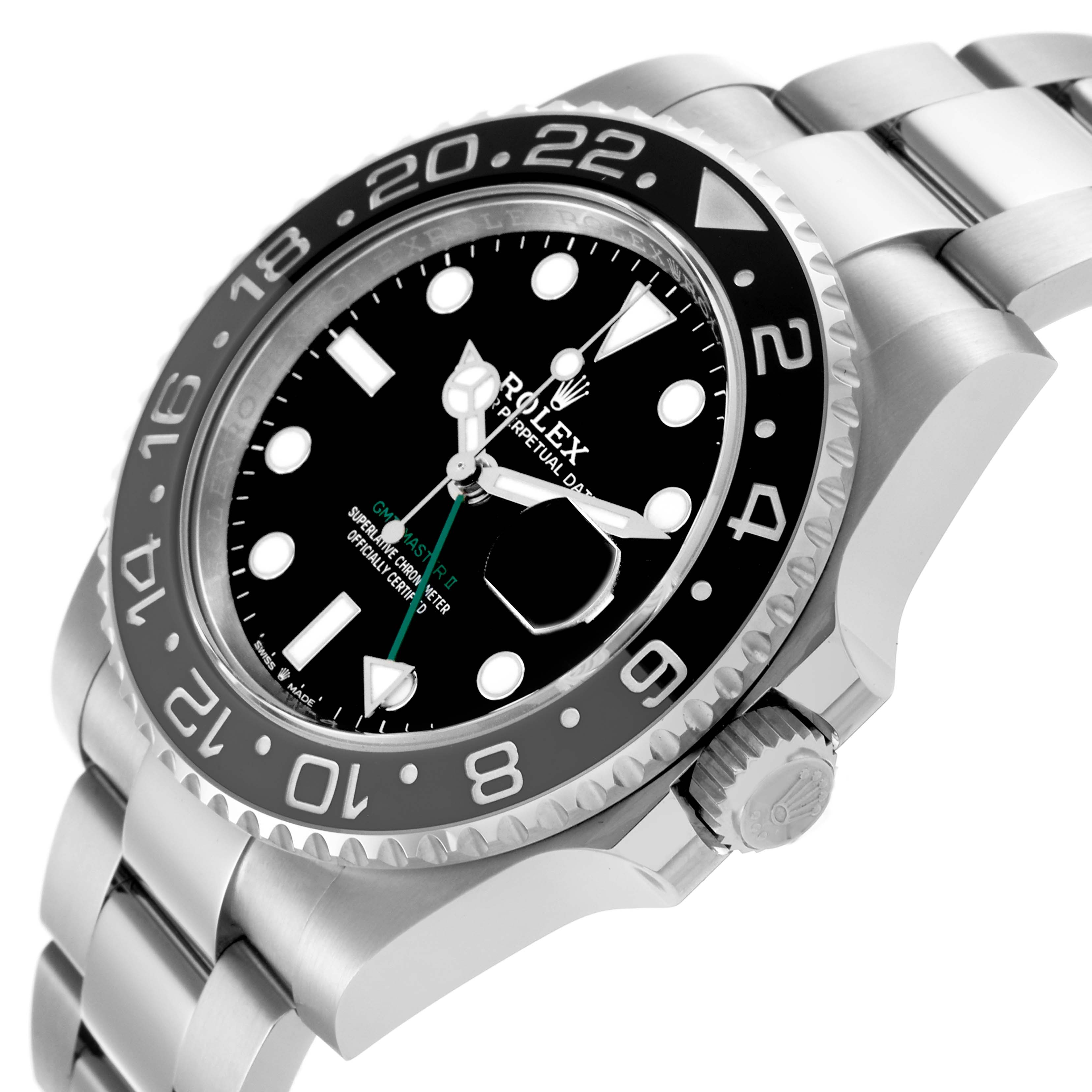 The Rolex GMT-Master 126710GRNR Men's Stainless Steel Black Dial 126710GRNR Men's Stainless Steel Black Dial watch is shown at an angle highlighting the bezel, dial, crown, and bracelet.