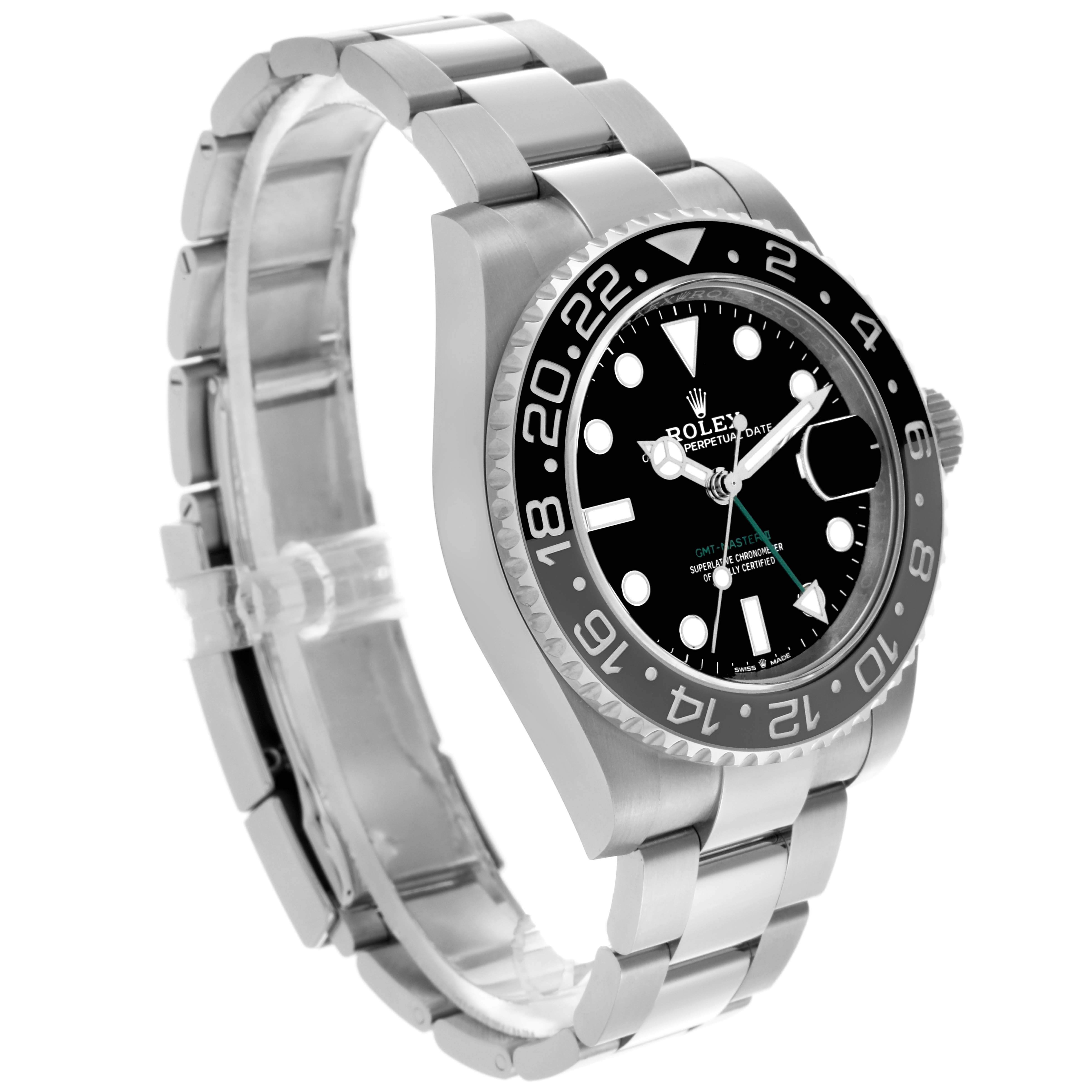 The Rolex GMT-Master 126710GRNR Men's Stainless Steel Black Dial 126710GRNR Men's Stainless Steel Black Dial watch is shown at a three-quarter angle, highlighting the dial, bezel, bracelet, and crown.