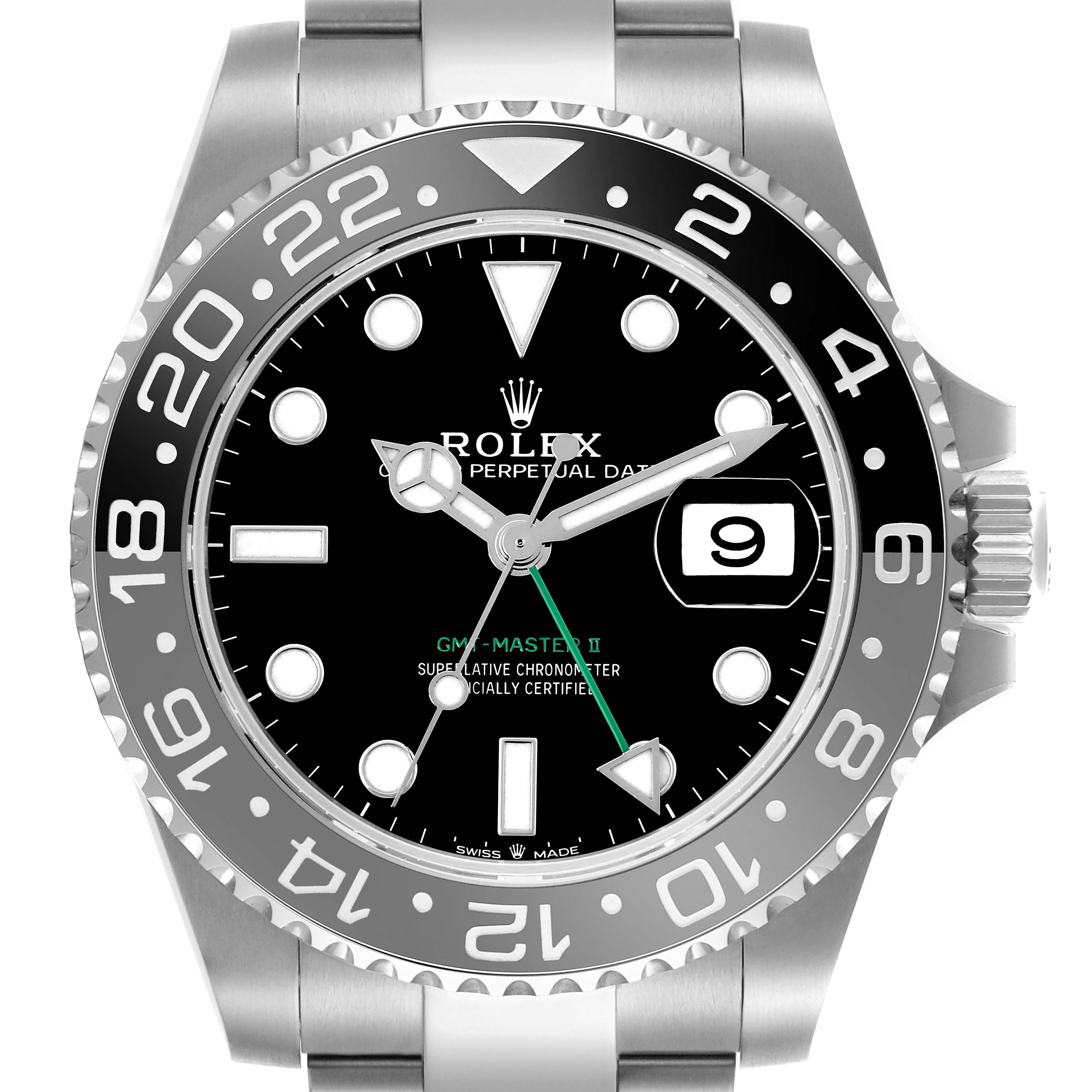 The Rolex GMT-Master 126710GRNR Men's Stainless Steel Black Dial 126710GRNR Men's Stainless Steel Black Dial model is shown from a front angle, displaying the bezel, dial, hands, and date window.