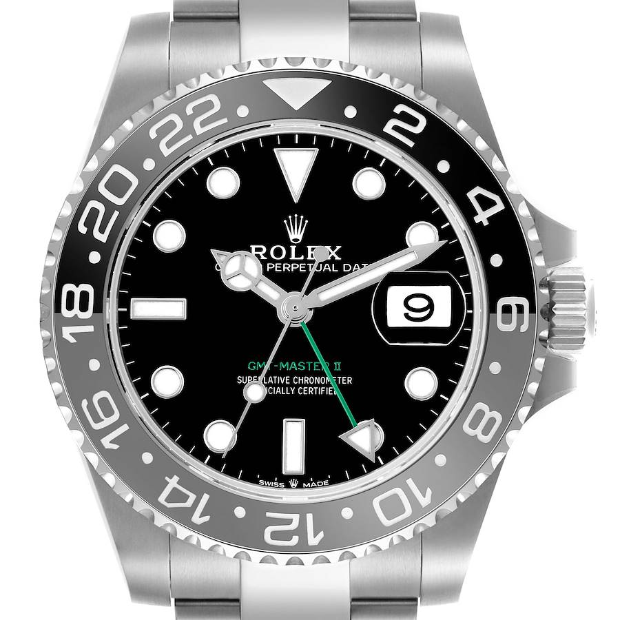 The Rolex GMT-Master model is shown from a front angle, displaying the bezel, dial, hands, and date window.