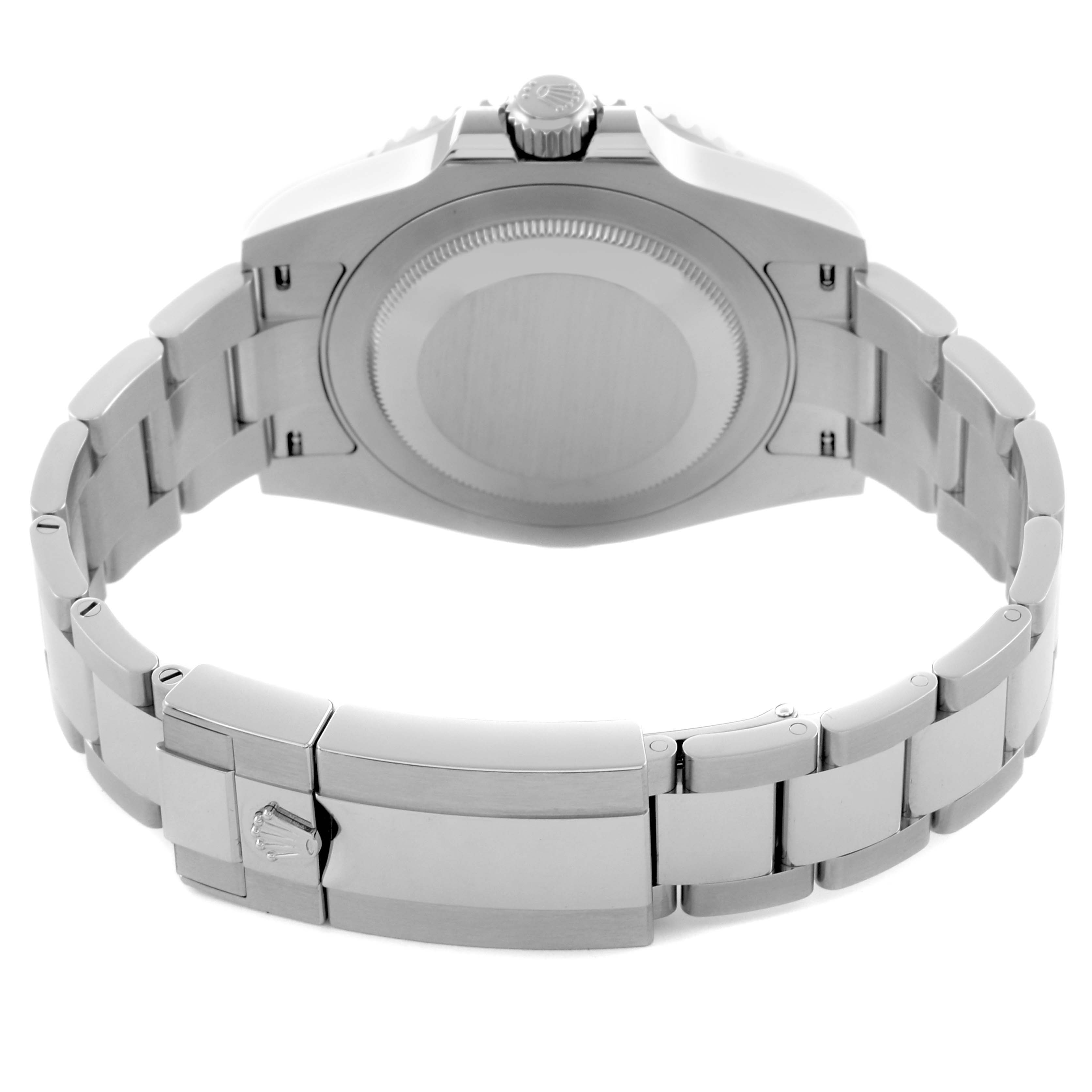 The image shows the back view of the Rolex GMT-Master 126710GRNR Men's Stainless Steel Black Dial 126710GRNR Men's Stainless Steel Black Dial, highlighting the case back and bracelet clasp.