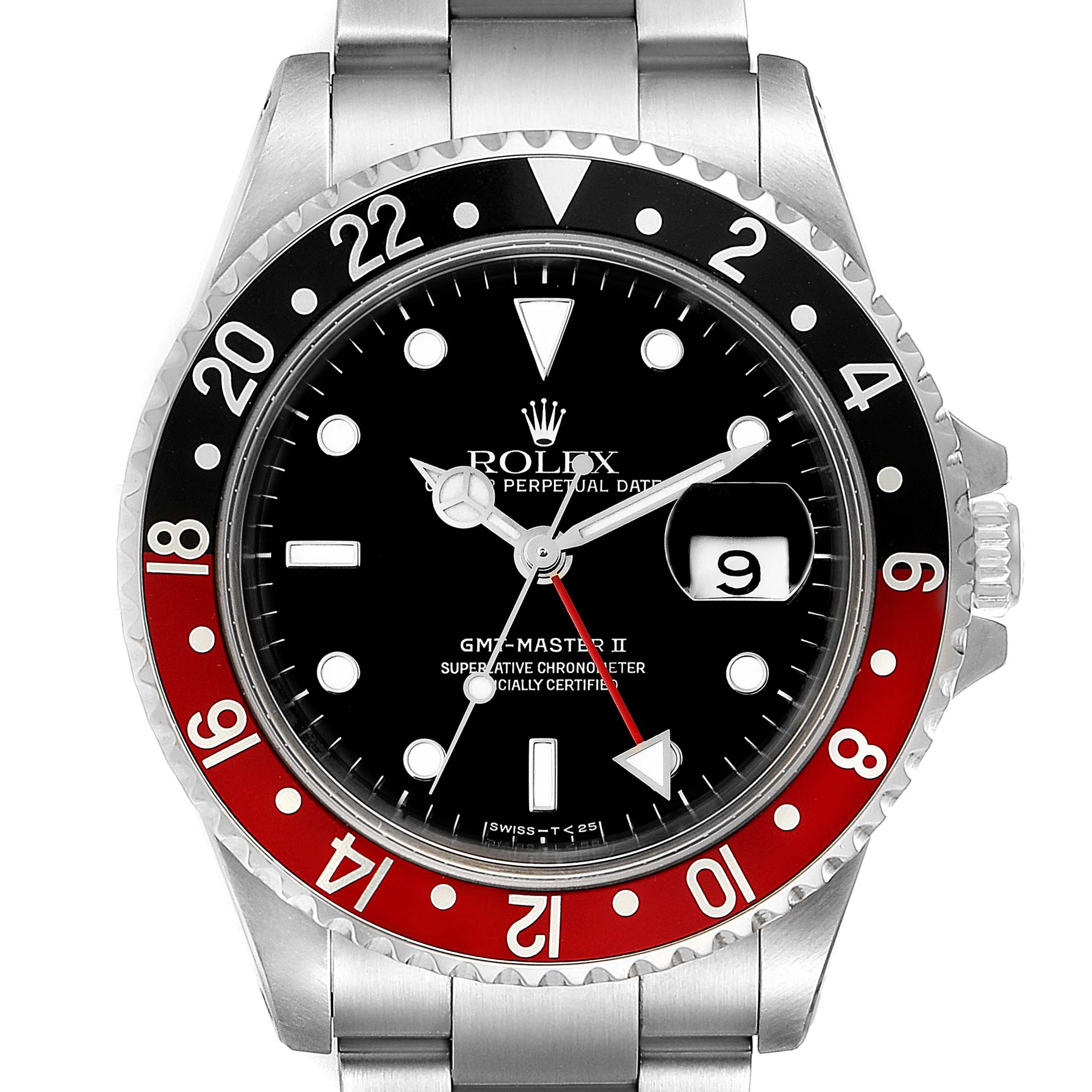 The image shows a frontal view of a Rolex GMT-Master 16710 Men's Stainless Steel Black Dial 16710 Men's Stainless Steel Black Dial II watch, highlighting the bezel, dial, hands, and date window.