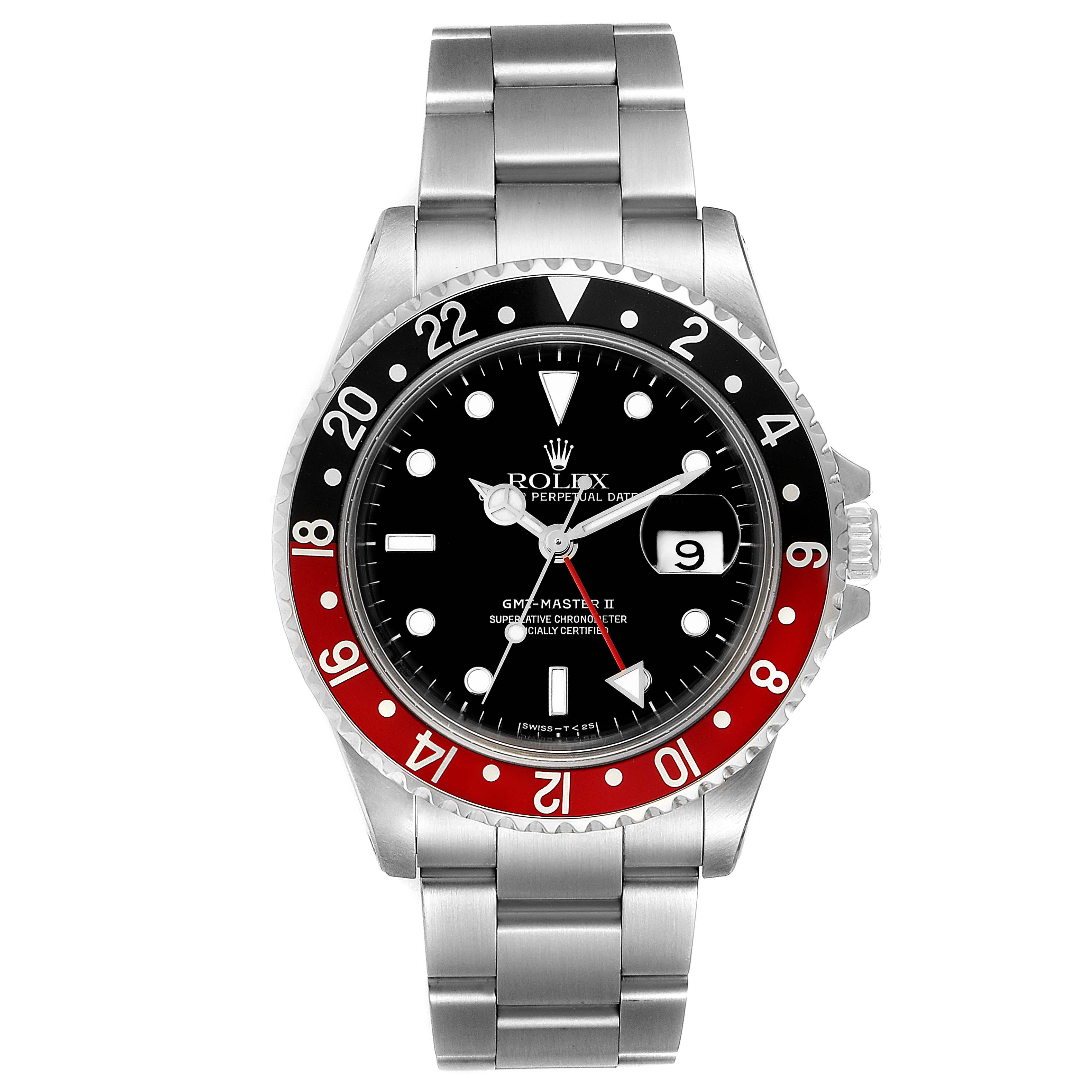 The image shows a front view of a Rolex GMT-Master 16710 Men's Stainless Steel Black Dial 16710 Men's Stainless Steel Black Dial II watch with a two-tone red and black bezel and stainless steel bracelet.