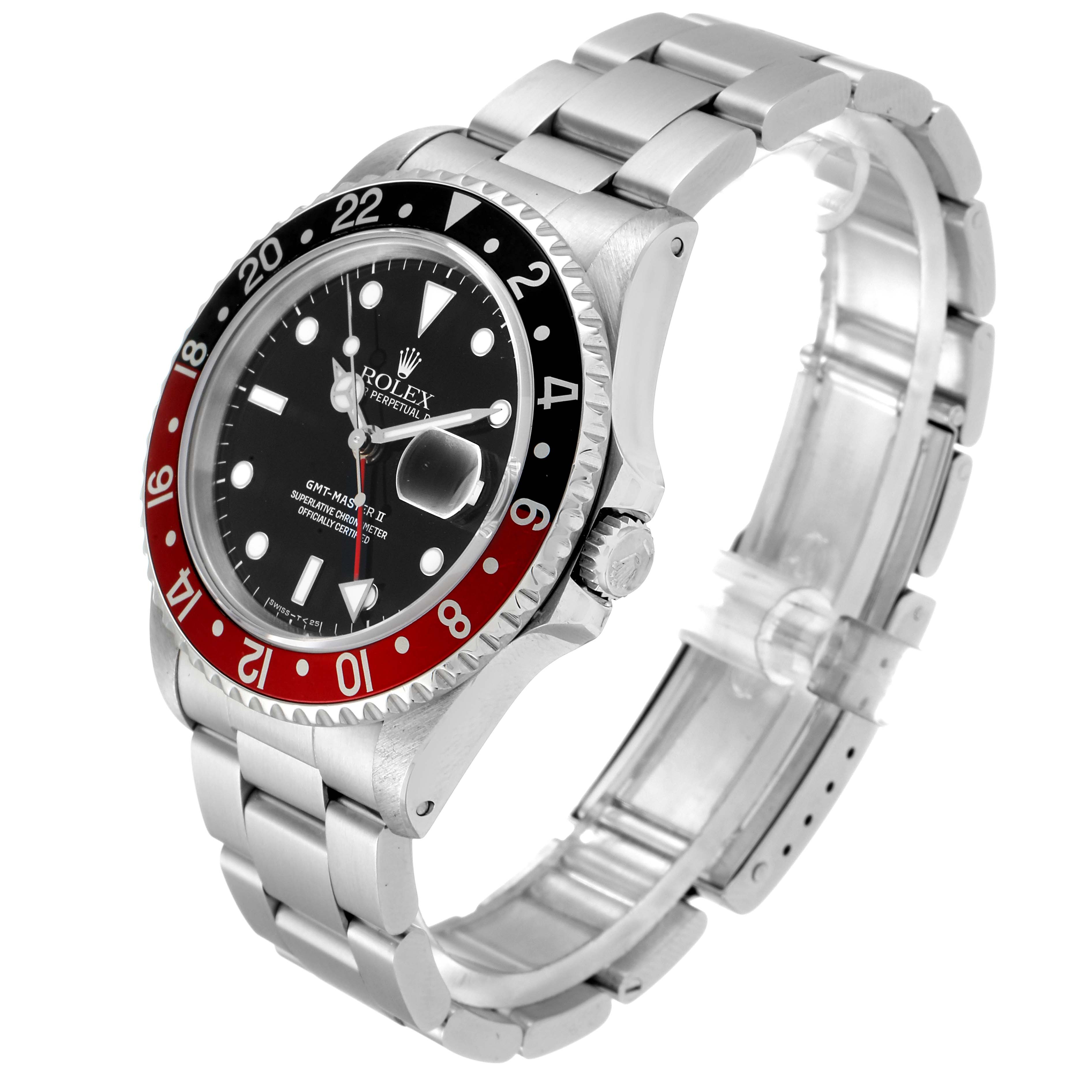 The image shows a side-angle view of a Rolex GMT-Master 16710 Men's Stainless Steel Black Dial 16710 Men's Stainless Steel Black Dial watch, highlighting the bezel, dial, and bracelet.