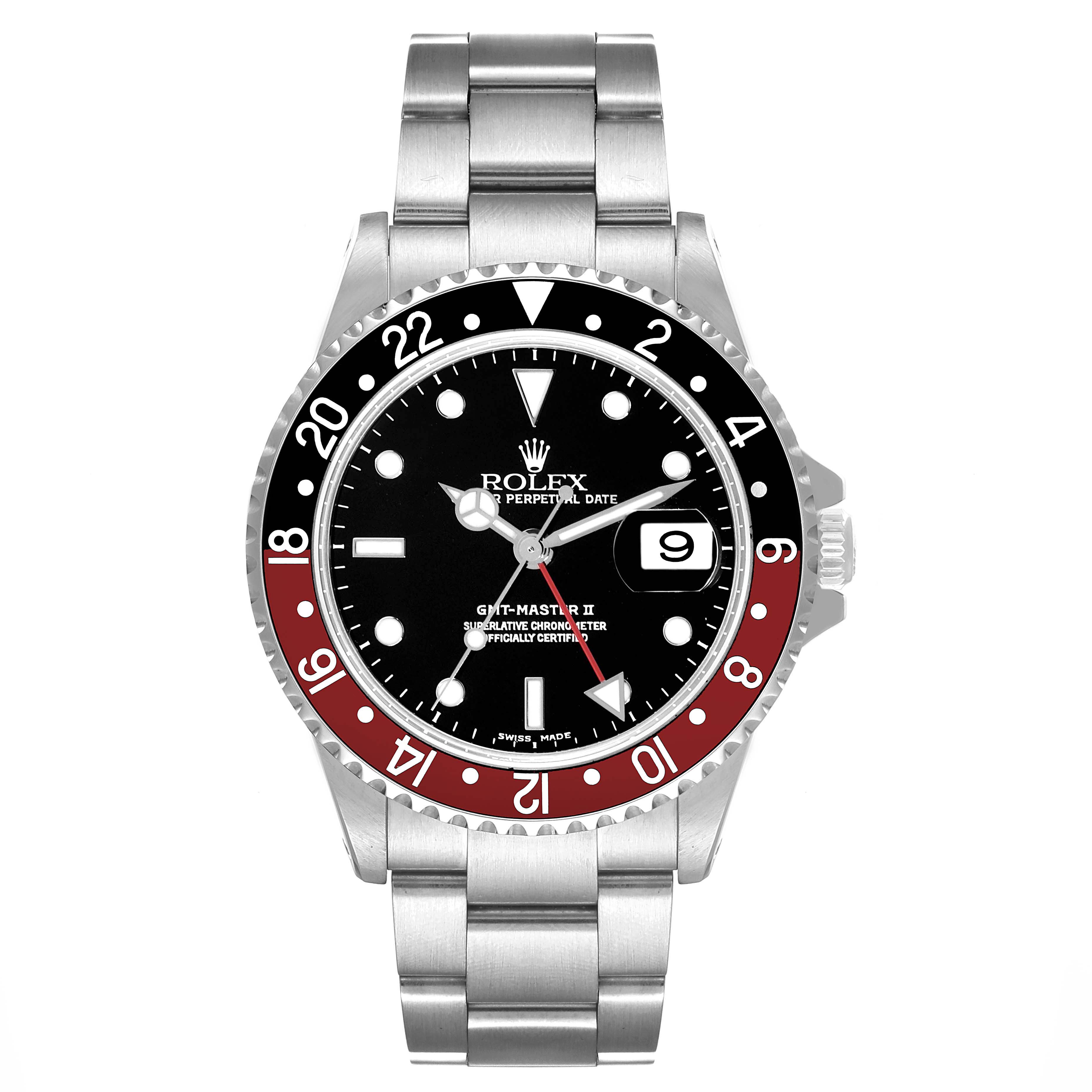 The image shows a front view of a Rolex GMT-Master 16710 Men
s Stainless Steel Black Dial 16710 Men
s Stainless Steel Black Dial II watch, highlighting the bezel, dial, and bracelet.