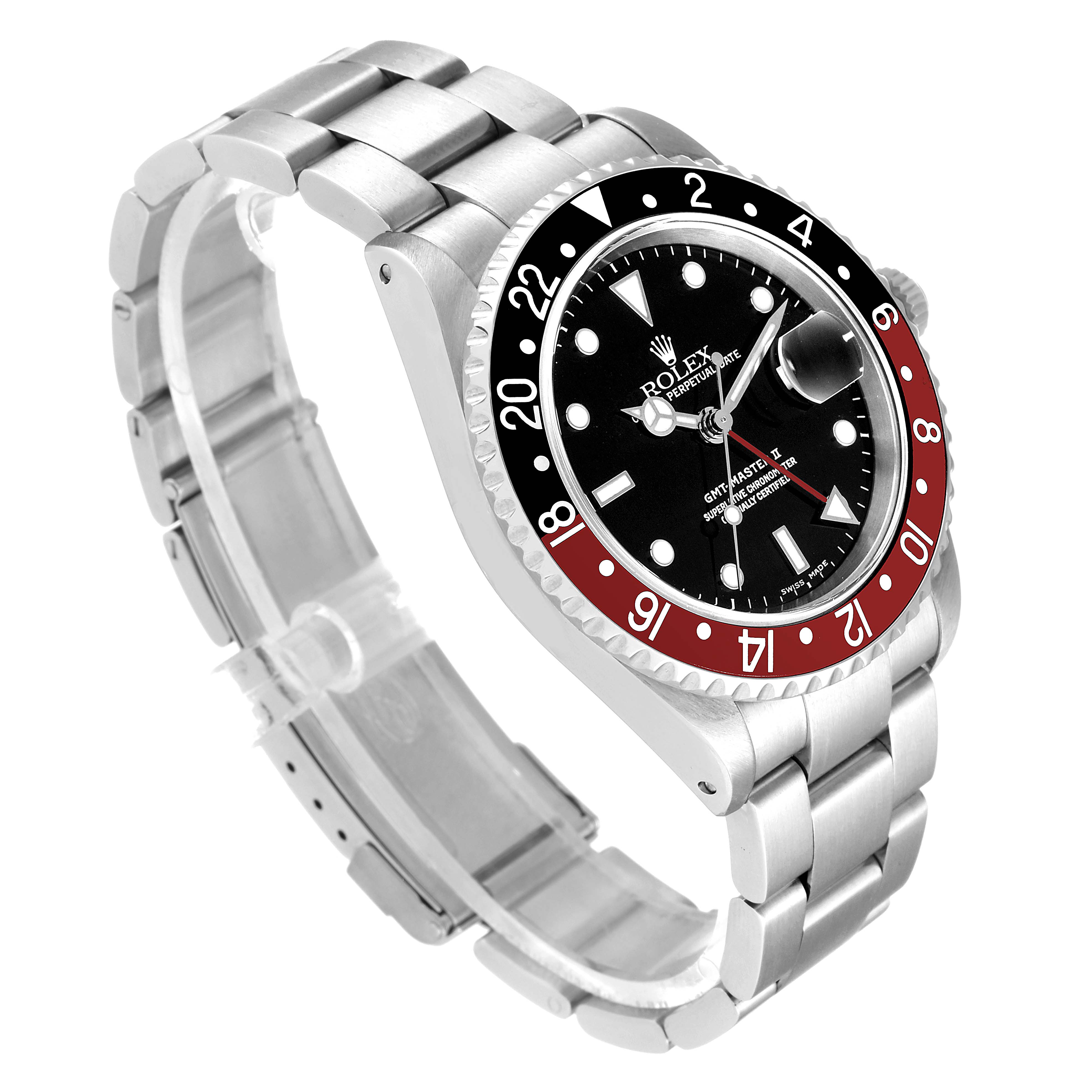 This image shows a GMT-Master Rolex watch at a tilted angle, showcasing the bezel, dial, and stainless steel bracelet.