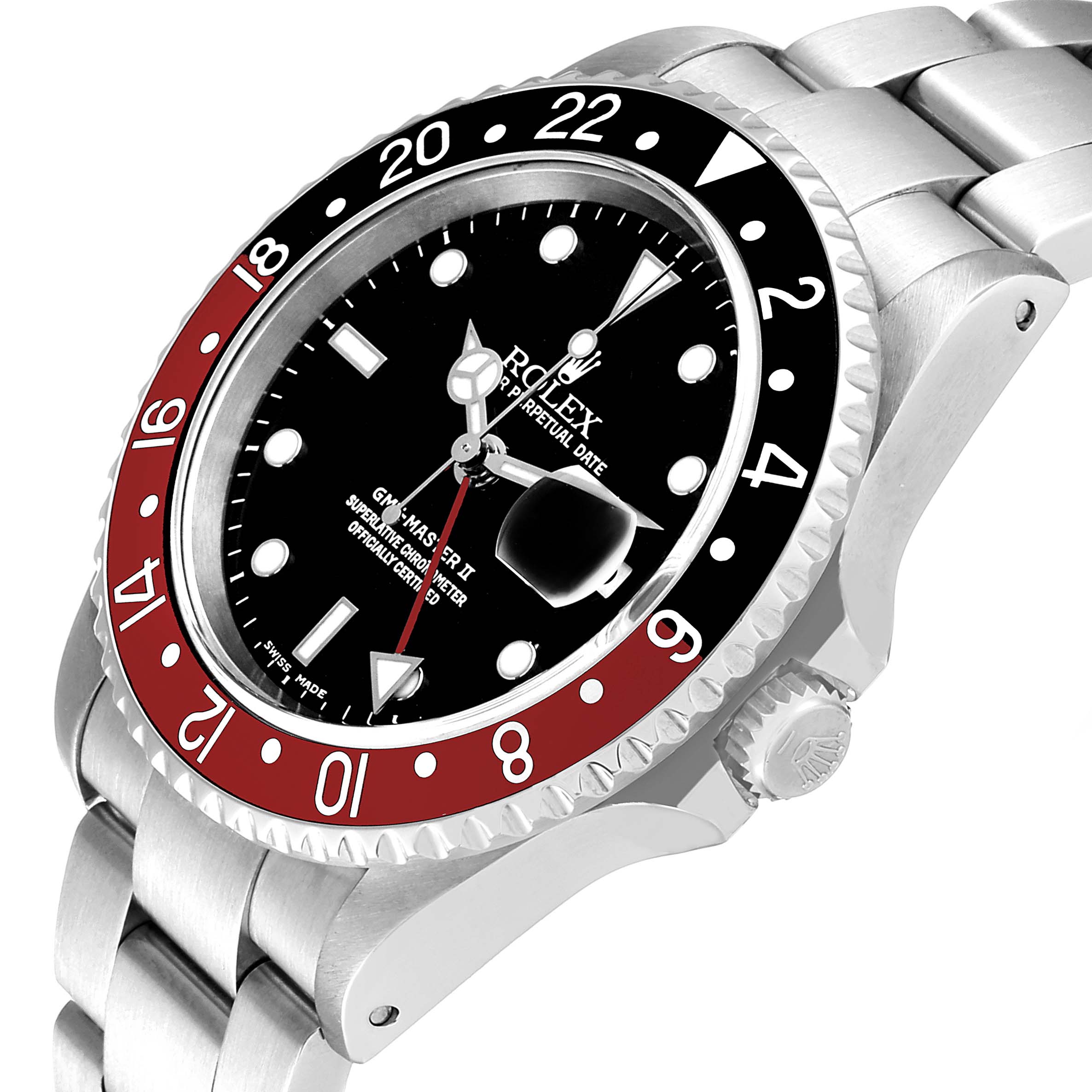 This image shows a Rolex GMT-Master 16710 Men
s Stainless Steel Black Dial 16710 Men
s Stainless Steel Black Dial watch angled to display the face, bezel, crown, and part of the bracelet.