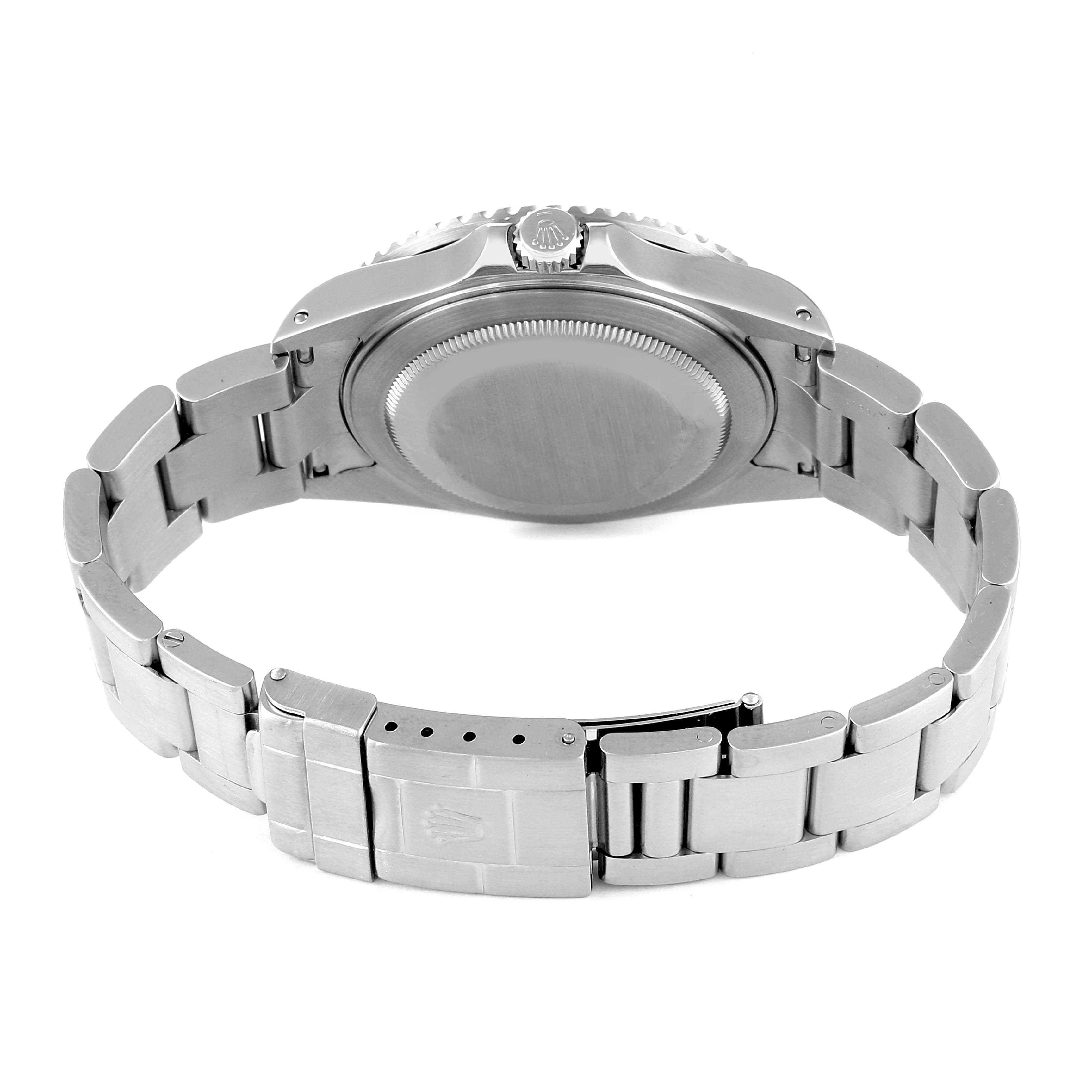 This image shows the back view of the Rolex GMT-Master 16710 Men
s Stainless Steel Black Dial 16710 Men
s Stainless Steel Black Dial watch, highlighting the case back and bracelet.