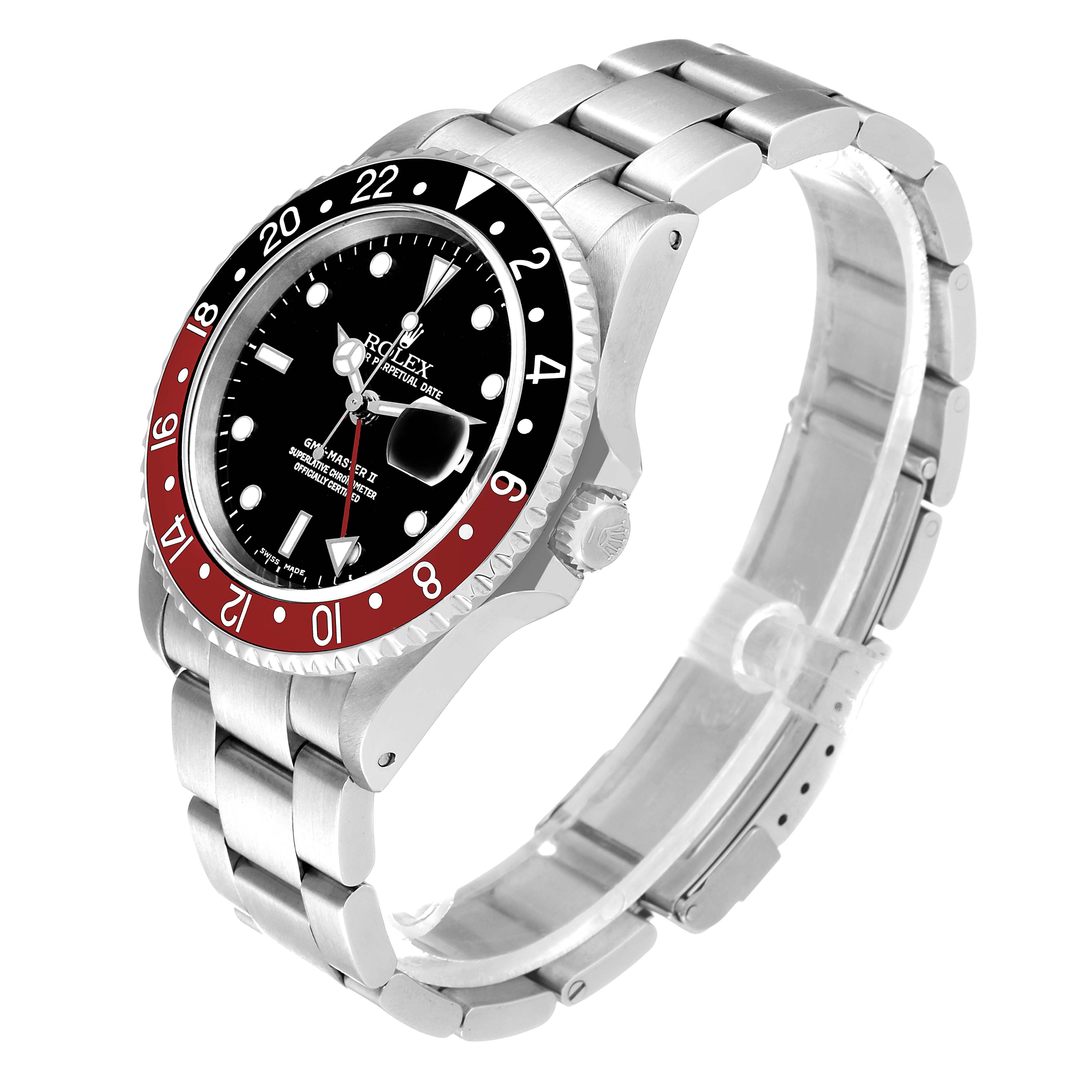The Rolex GMT-Master 16710 Men
s Stainless Steel Black Dial 16710 Men
s Stainless Steel Black Dial watch is shown at a three-quarter angle, highlighting the dial, bezel, crown, and metal bracelet.