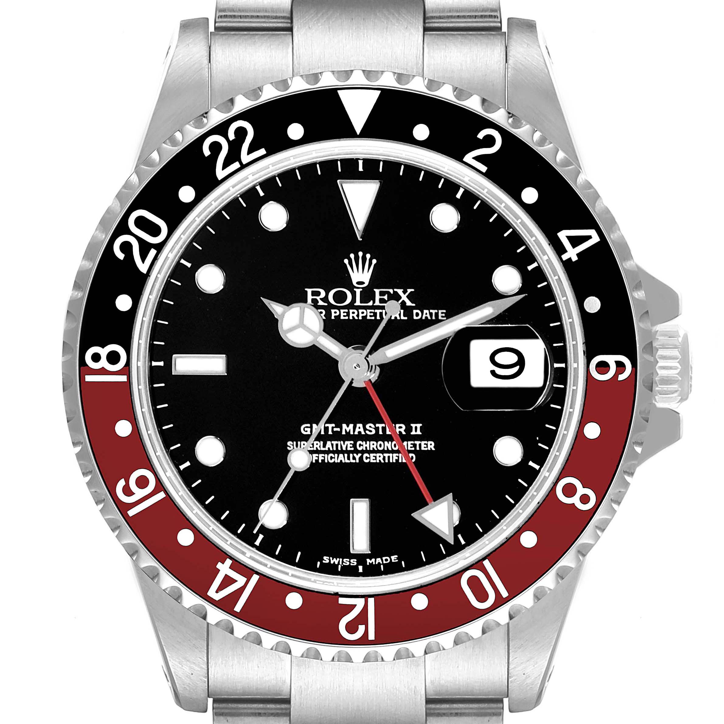 The image shows a front view of the Rolex GMT-Master 16710 Men
s Stainless Steel Black Dial 16710 Men
s Stainless Steel Black Dial II watch, highlighting its bezel, dial, hands, and part of the bracelet.