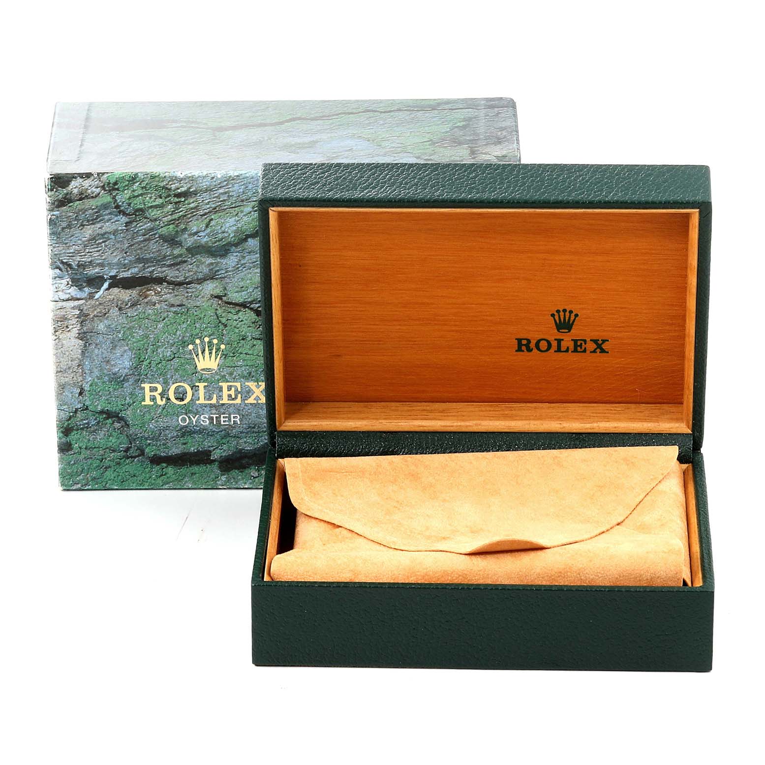 This image shows a Rolex GMT-Master 16710 Men
s Stainless Steel Black Dial 16710 Men
s Stainless Steel Black Dial watch box set, featuring the closed green box, open wooden box, and a protective pouch.