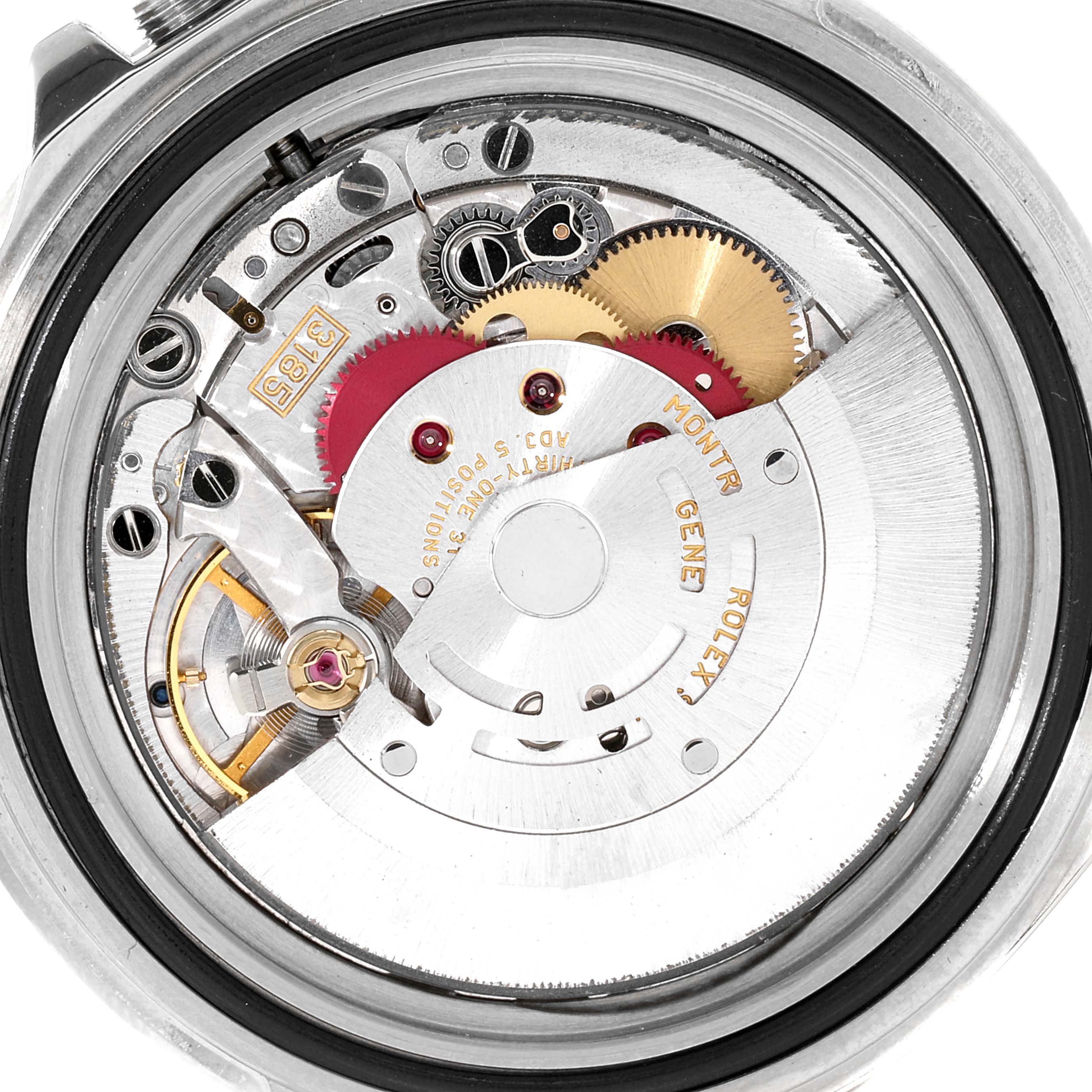 The image displays the internal movement mechanism of a Rolex GMT-Master 16710 Men
s Stainless Steel Black Dial 16710 Men
s Stainless Steel Black Dial watch from an overhead angle.