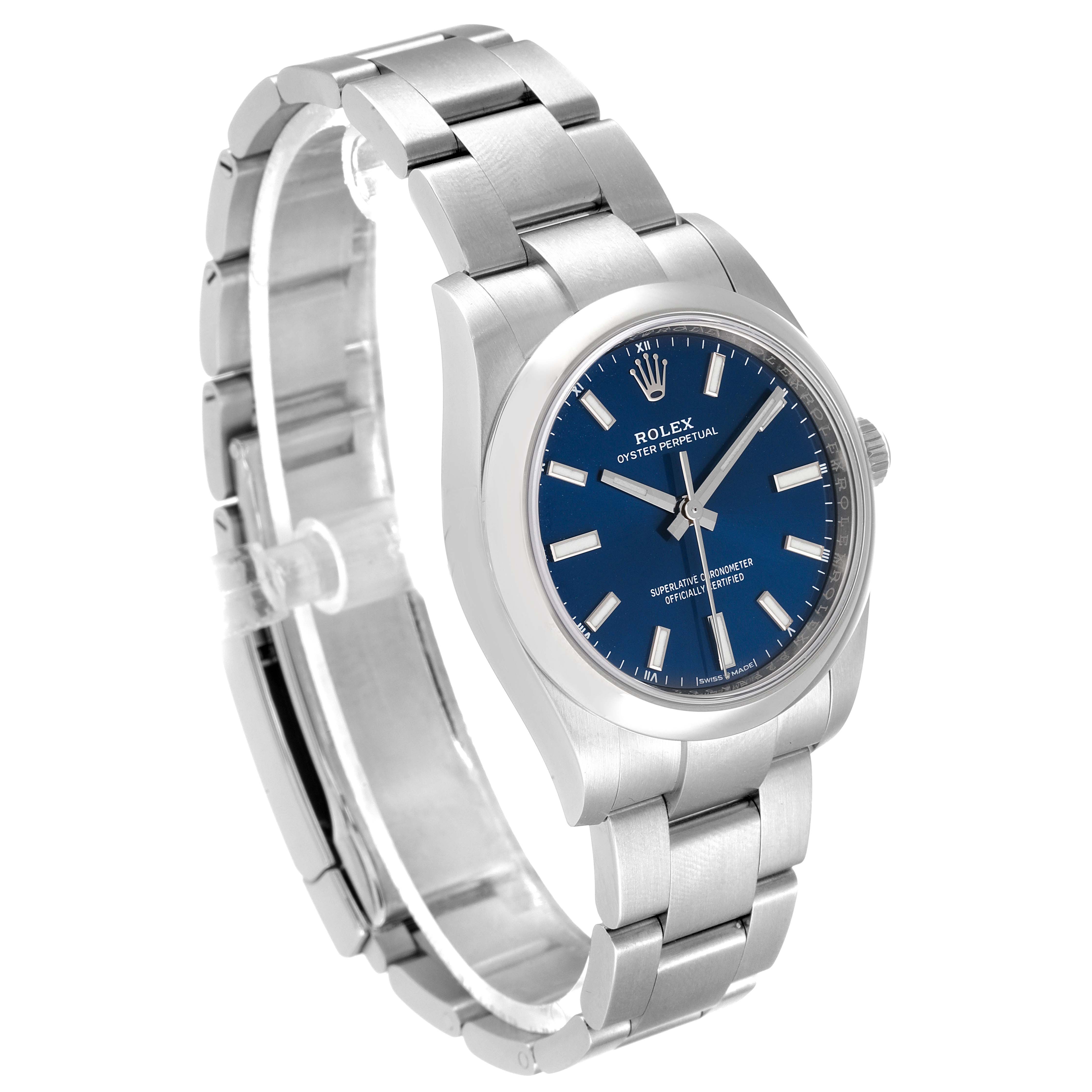 The image shows a Rolex Oyster Perpetual 124200 Men's Stainless Steel Blue Dial 124200 Men's Stainless Steel Blue Dial watch at a three-quarter angle, highlighting the bracelet and blue dial.