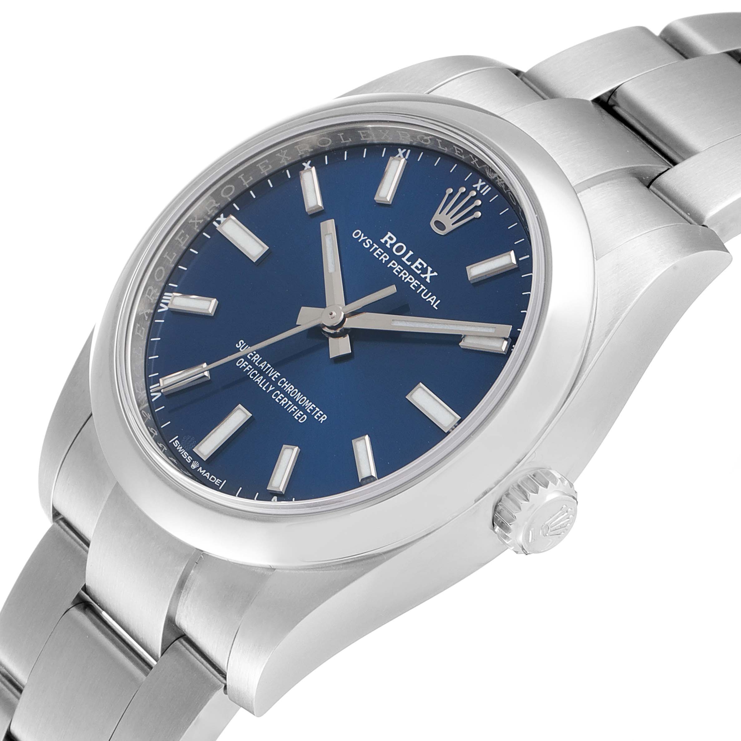The Rolex Oyster Perpetual 124200 Men's Stainless Steel Blue Dial 124200 Men's Stainless Steel Blue Dial watch is shown at a slight angle, highlighting the blue dial, metal bracelet, and crown.