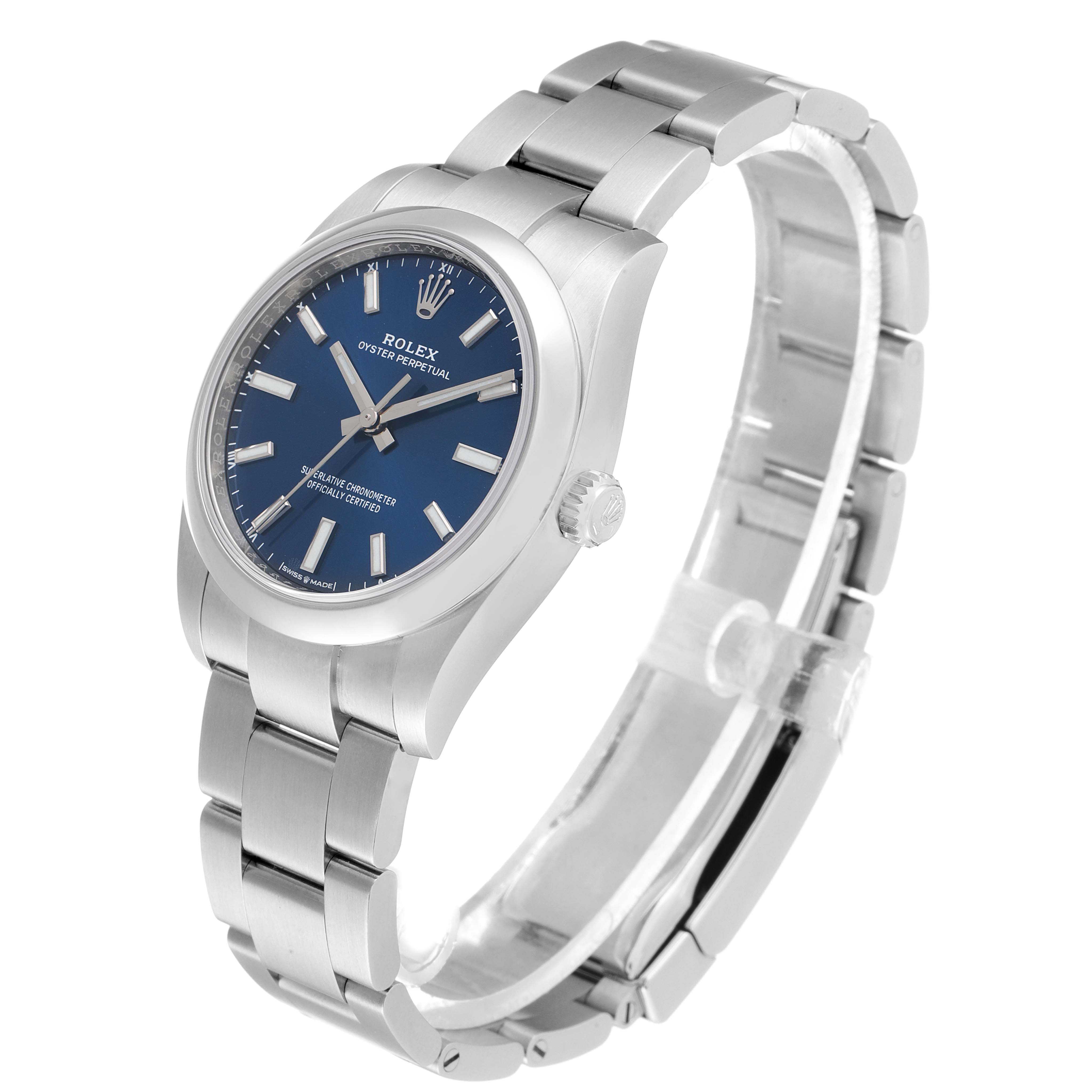 The Rolex Oyster Perpetual 124200 Men's Stainless Steel Blue Dial 124200 Men's Stainless Steel Blue Dial watch is shown at a three-quarter angle, displaying the dial, bracelet, and crown.