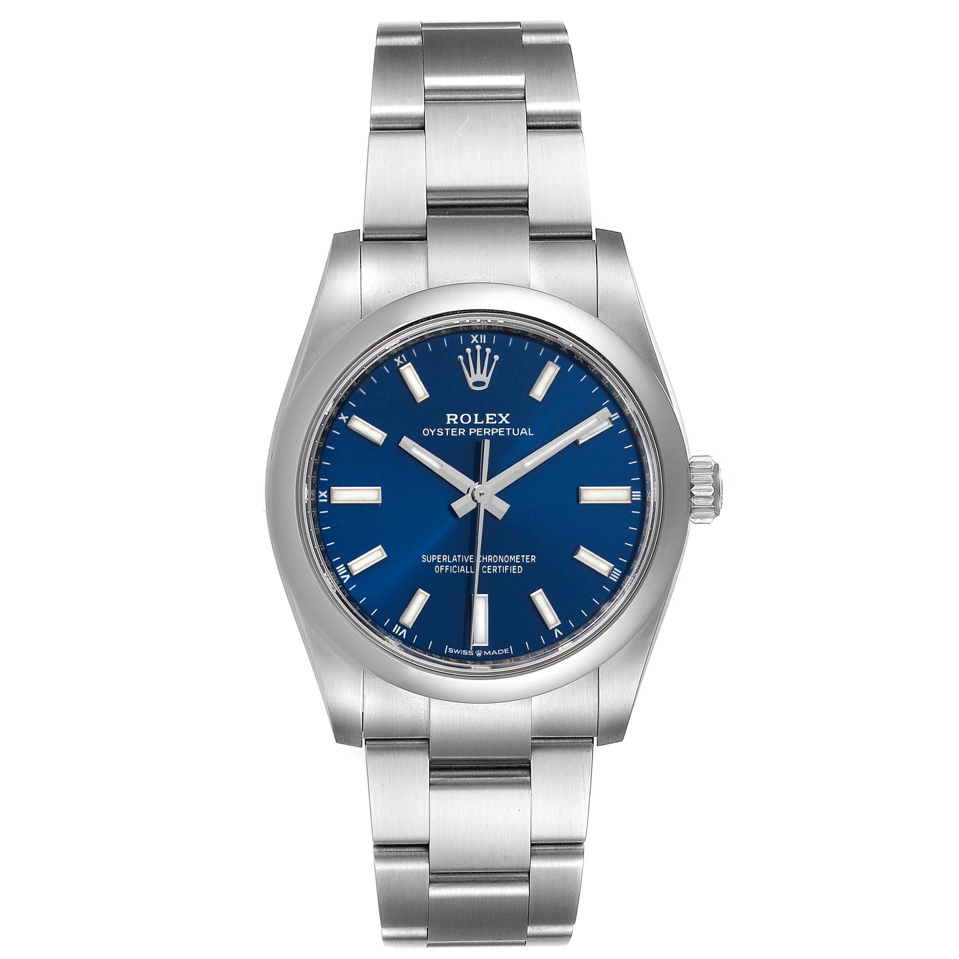 The watch is a Rolex Oyster Perpetual 124200 Men's Stainless Steel Blue Dial 124200 Men's Stainless Steel Blue Dial, shown from the front, displaying the dial, case, and bracelet.