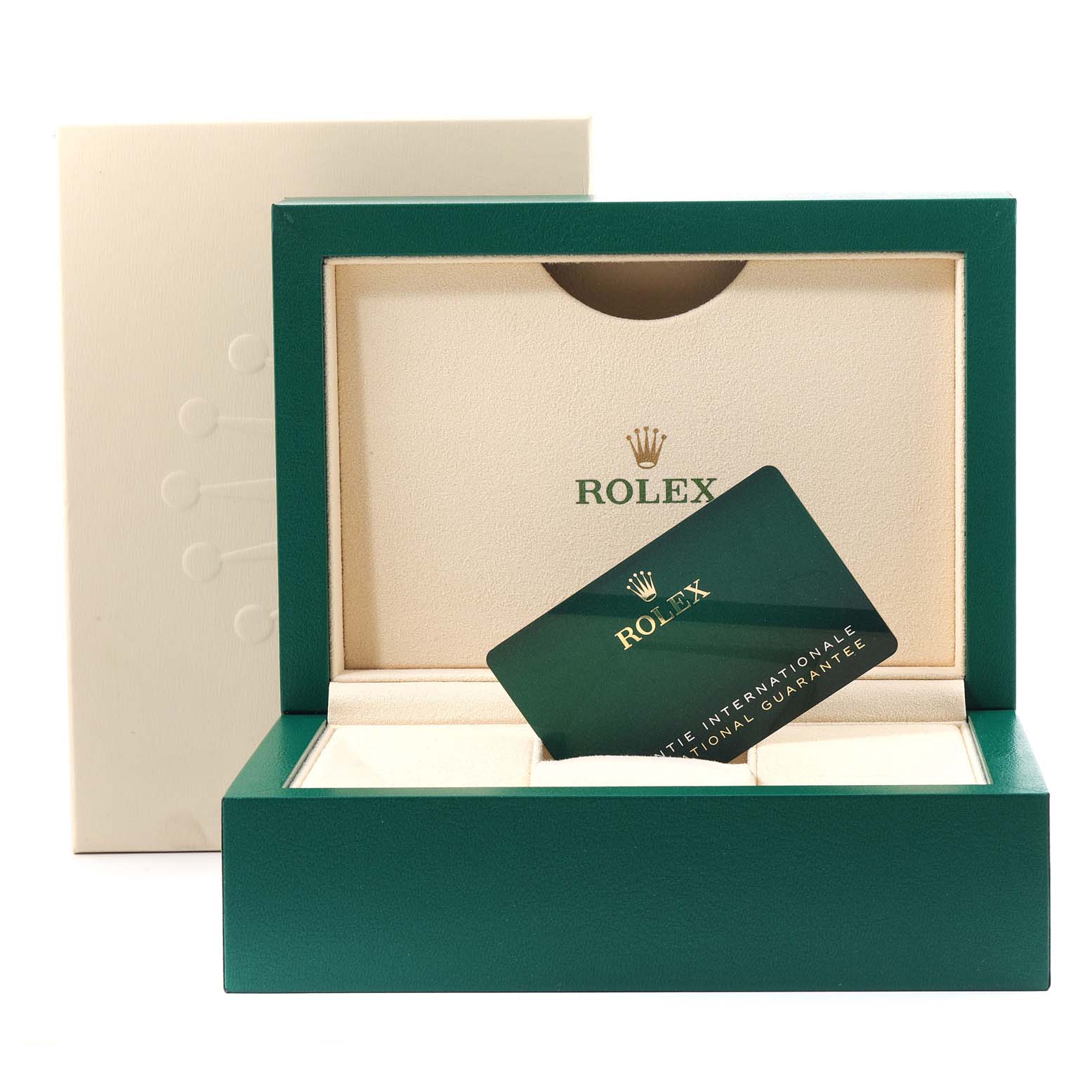 The image shows the packaging box and an international guarantee card for a Rolex Oyster Perpetual 124200 Men's Stainless Steel Blue Dial 124200 Men's Stainless Steel Blue Dial watch.