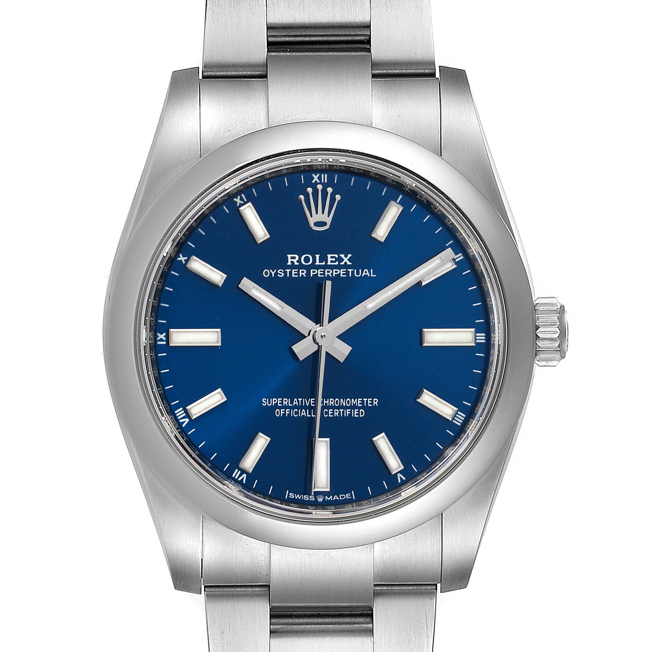 The image shows a front view of a Rolex Oyster Perpetual 124200 Men's Stainless Steel Blue Dial 124200 Men's Stainless Steel Blue Dial watch, highlighting its dial, hands, crown, and bracelet.