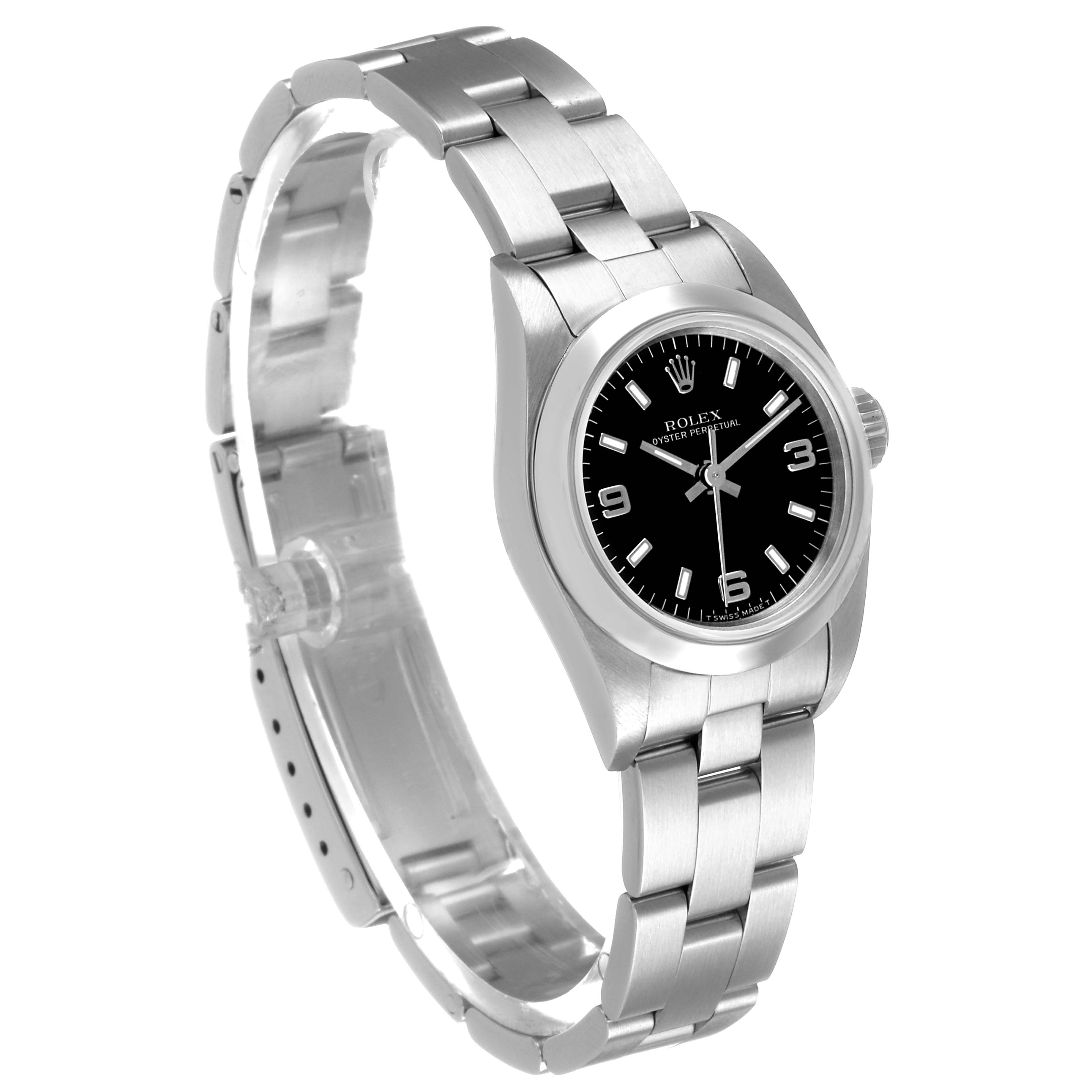 The Rolex Oyster Perpetual 67180 Women's Stainless Steel Black Dial watch is shown at a three-quarter angle, highlighting the case, bracelet, and dial.