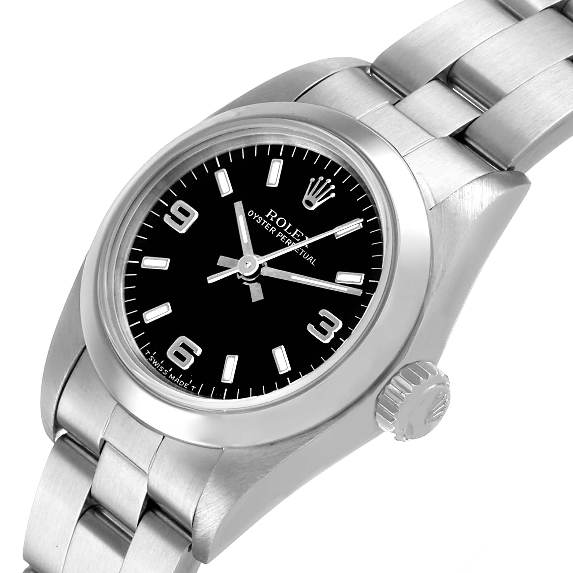 The Rolex Oyster Perpetual 67180 Women's Stainless Steel Black Dial watch is shown at a slight angle, displaying the dial, bezel, crown, and part of the bracelet.