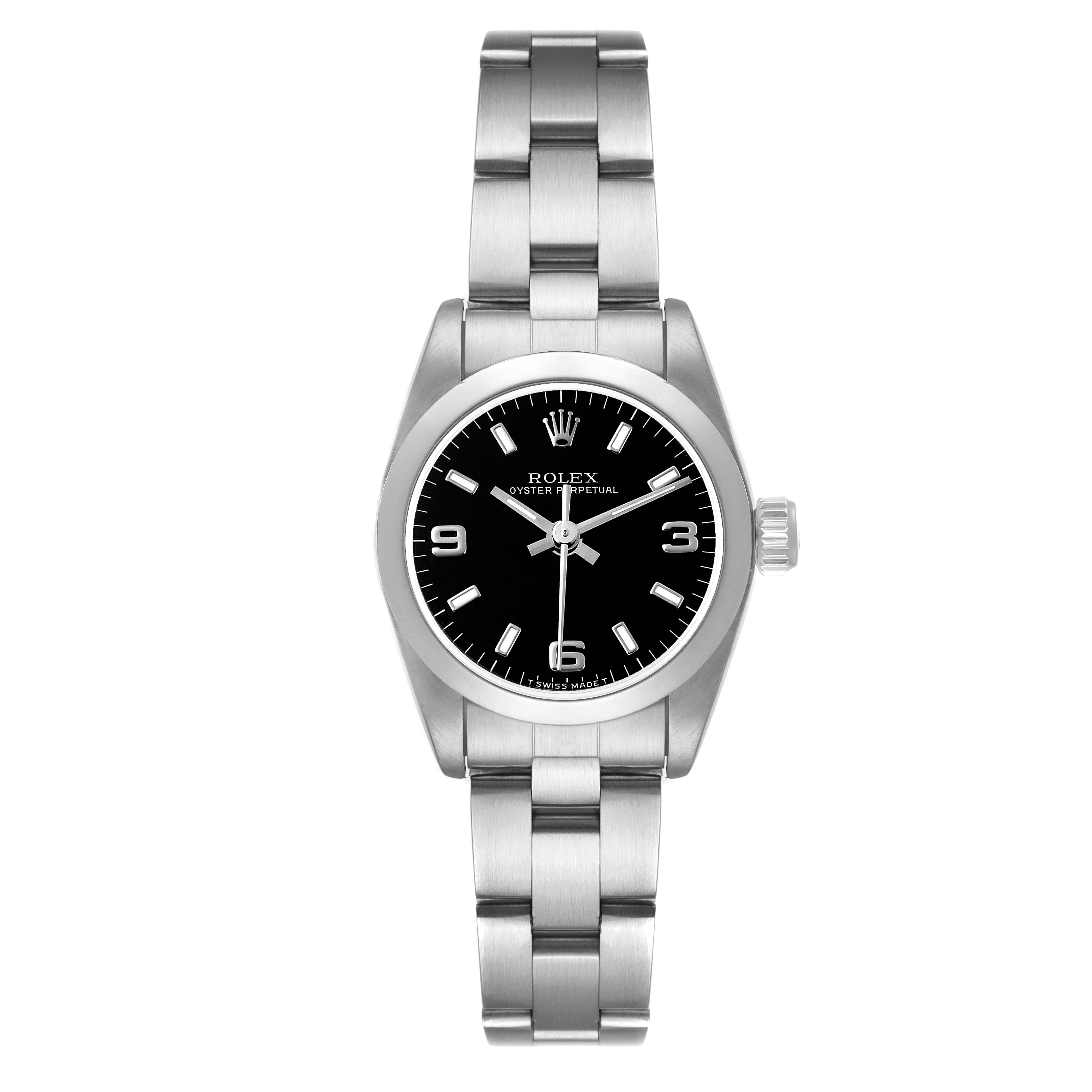 The Rolex Oyster Perpetual 67180 Women's Stainless Steel Black Dial watch is shown from a front view, displaying its black dial, silver hour markers, and stainless steel bracelet.