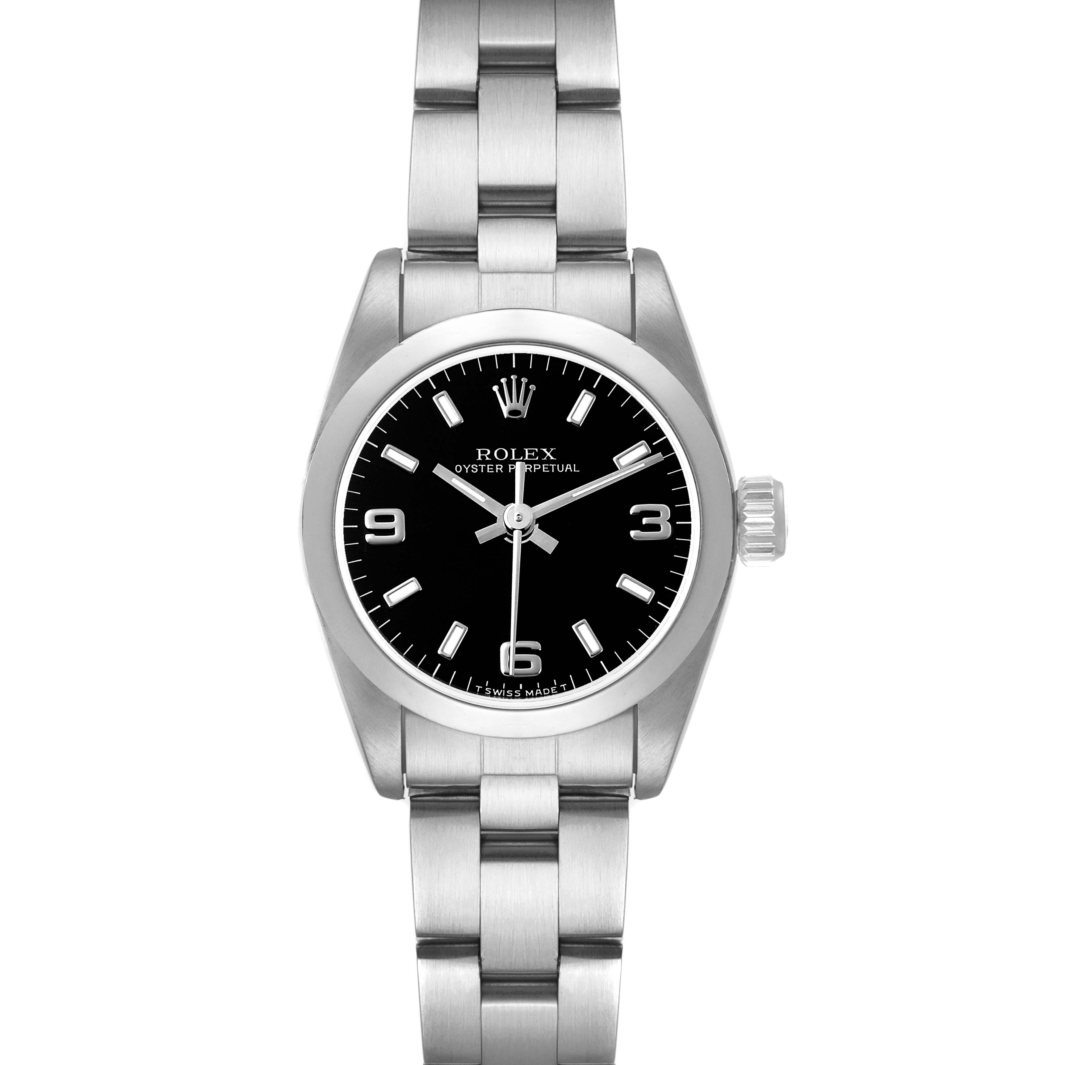 The Rolex Oyster Perpetual 67180 Women's Stainless Steel Black Dial watch is shown head-on, displaying the full face, dial, bezel, bracelet, and crown.