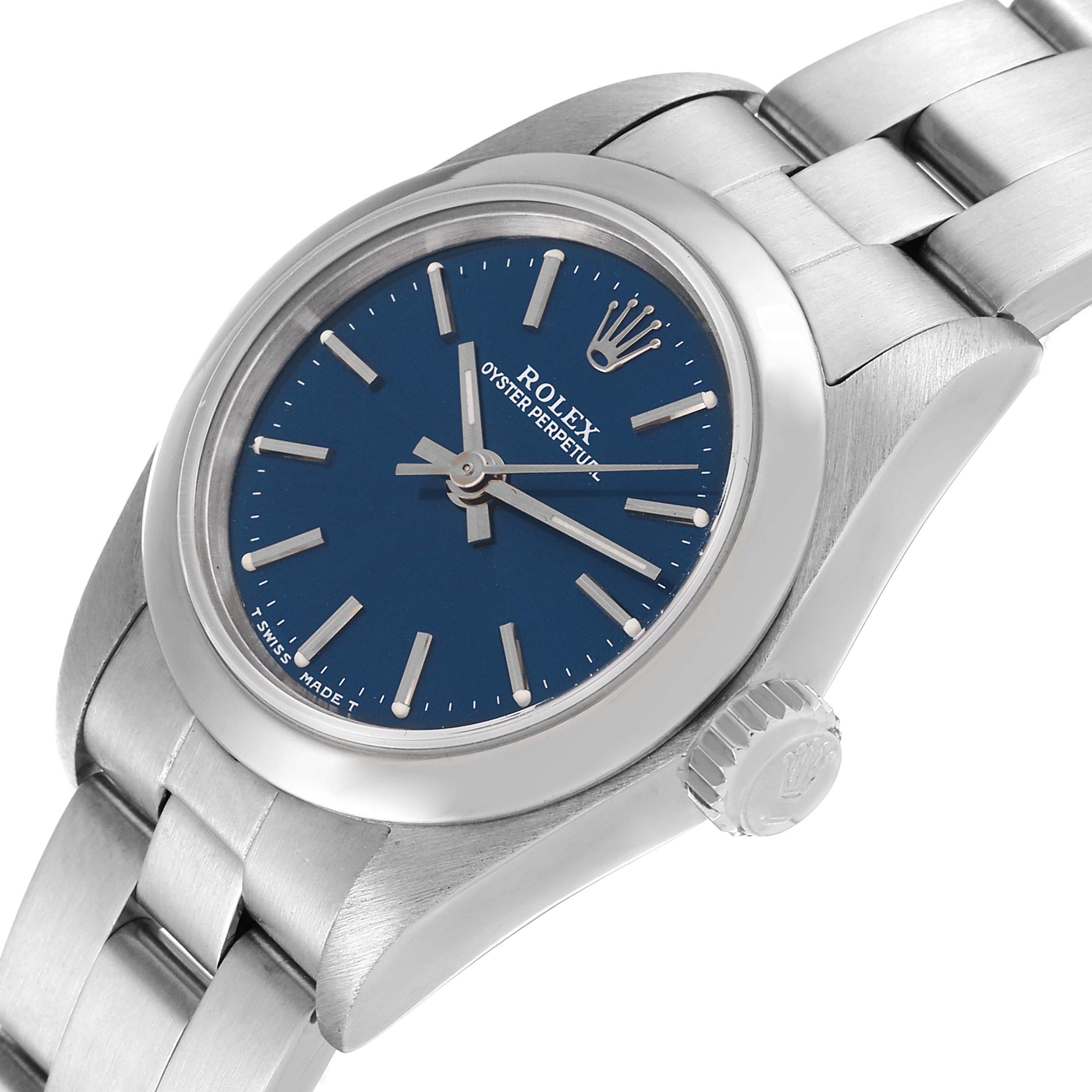 The image shows a side angle of the Rolex Oyster Perpetual 67180 Women's Stainless Steel Blue Dial 67180 Women's Stainless Steel Blue Dial watch, highlighting the face, bezel, crown, and bracelet.
