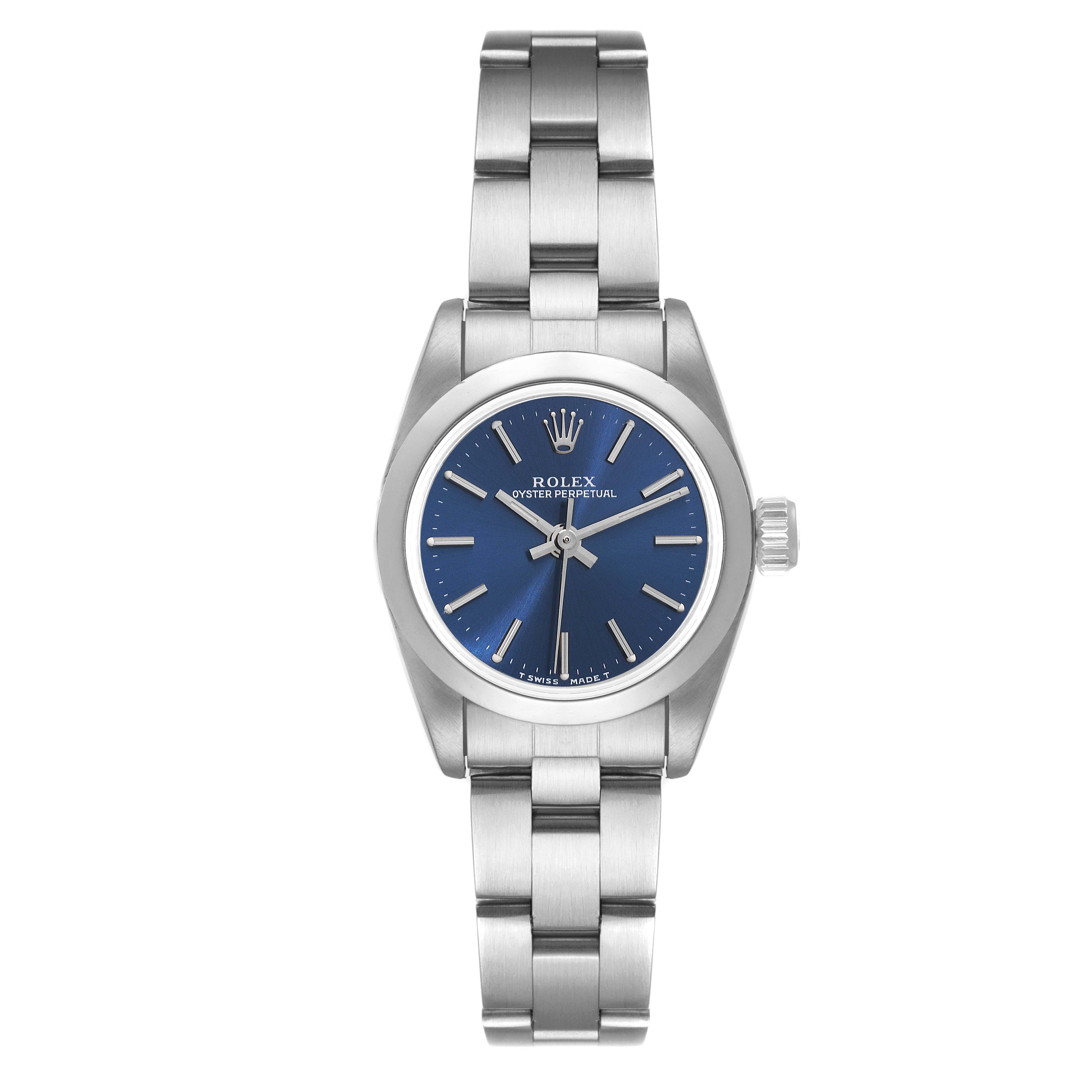 The image shows a frontal view of a Rolex Oyster Perpetual 67180 Women's Stainless Steel Blue Dial 67180 Women's Stainless Steel Blue Dial watch, highlighting its blue dial and metal bracelet.