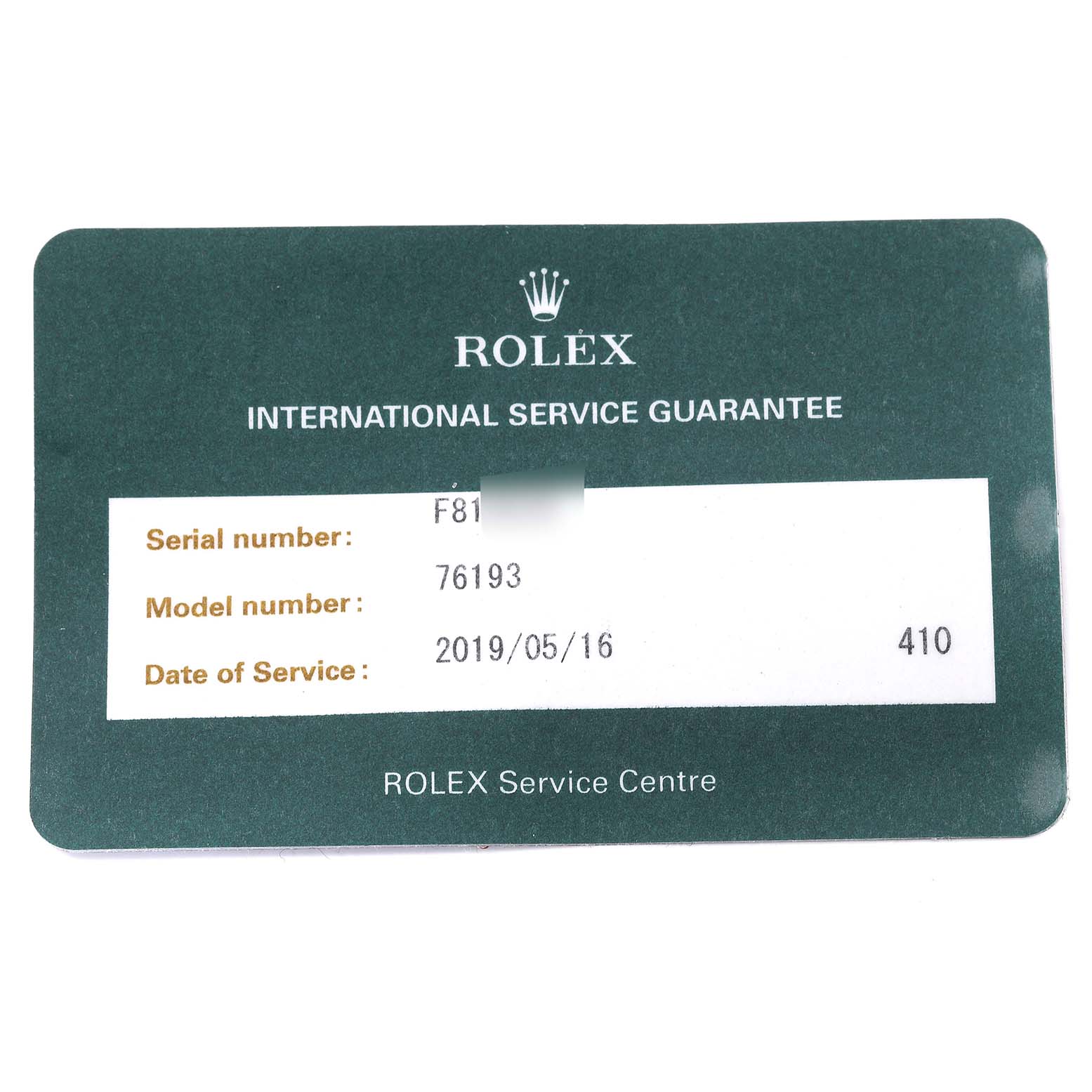 This is a Rolex service guarantee card for the Oyster Perpetual model.