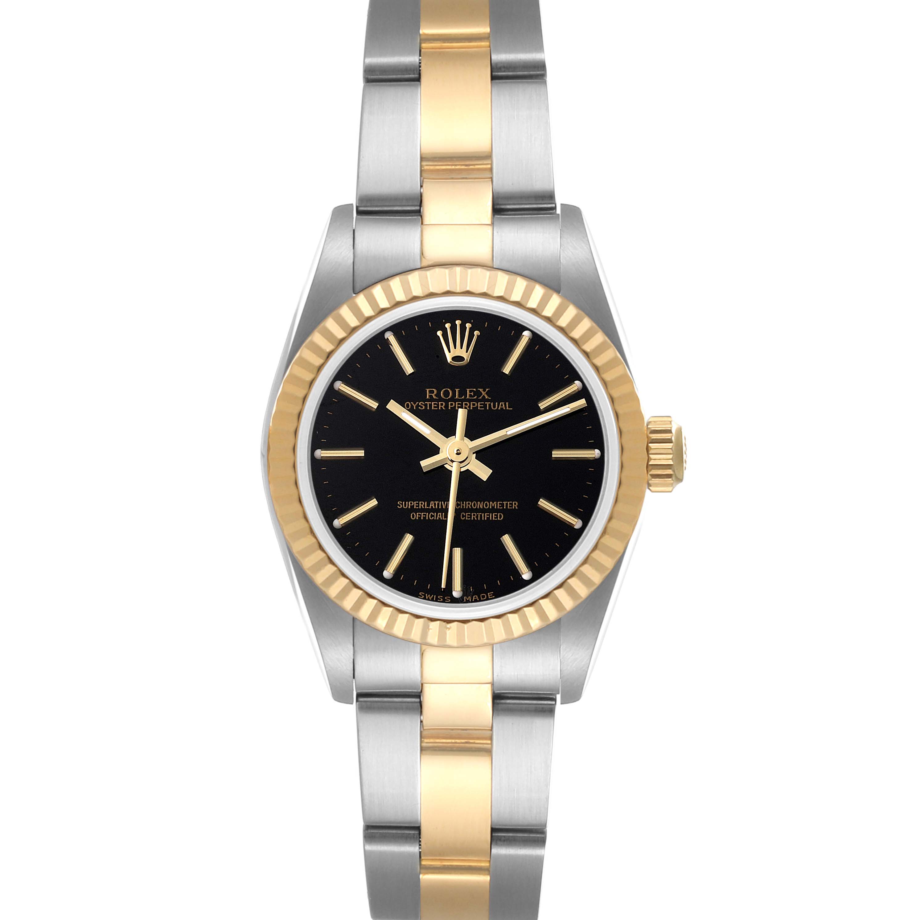 The image shows a front view of a Rolex Oyster Perpetual 76193 Women's Steel and Gold (two tone) Black Dial 76193 Women's Steel and Gold (two tone) Black Dial watch with a black dial and a two-tone silver and gold bracelet.