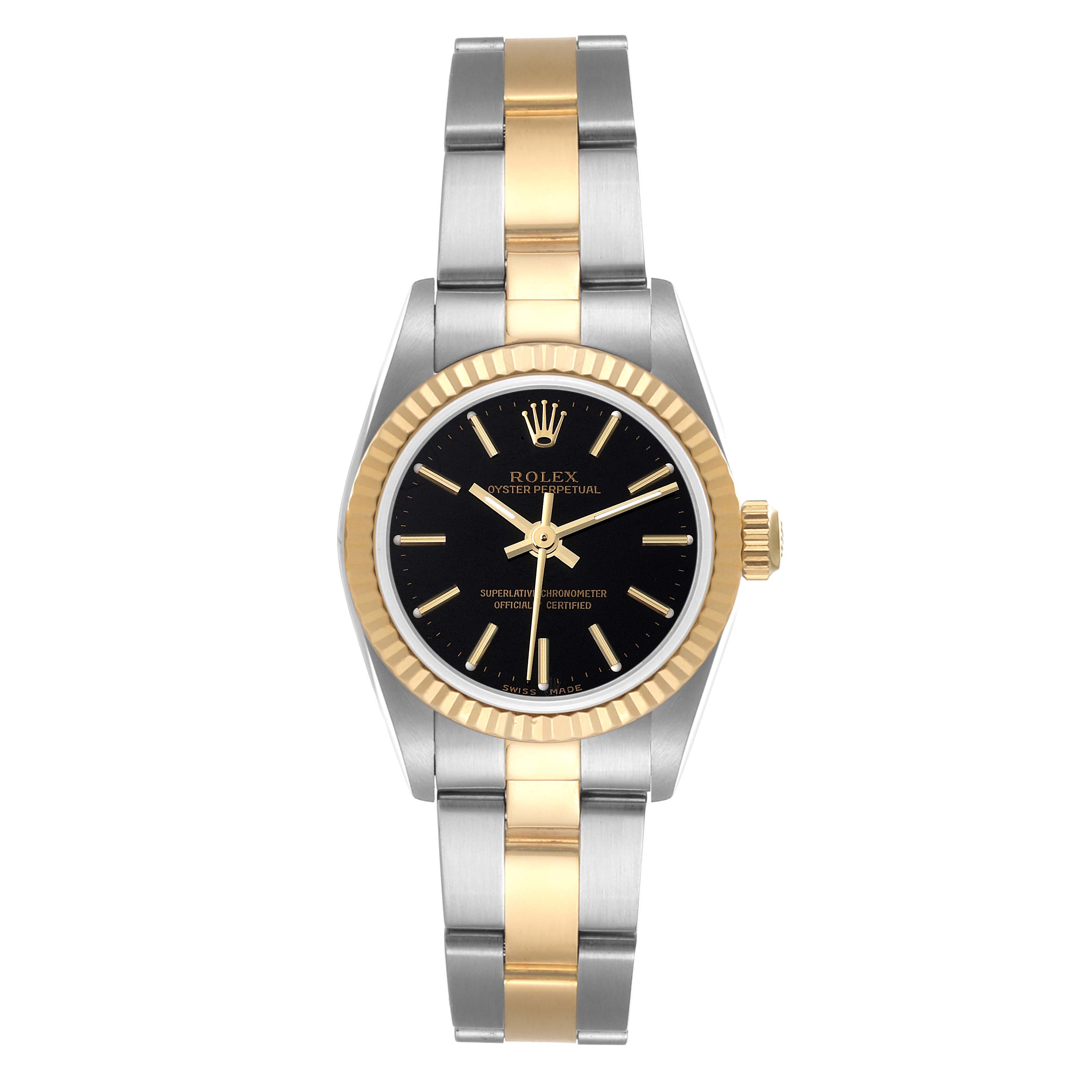 This image shows a front view of a Rolex Oyster Perpetual 76193 Women's Steel and Gold (two tone) Black Dial 76193 Women's Steel and Gold (two tone) Black Dial watch, focusing on the face, bezel, and bracelet.
