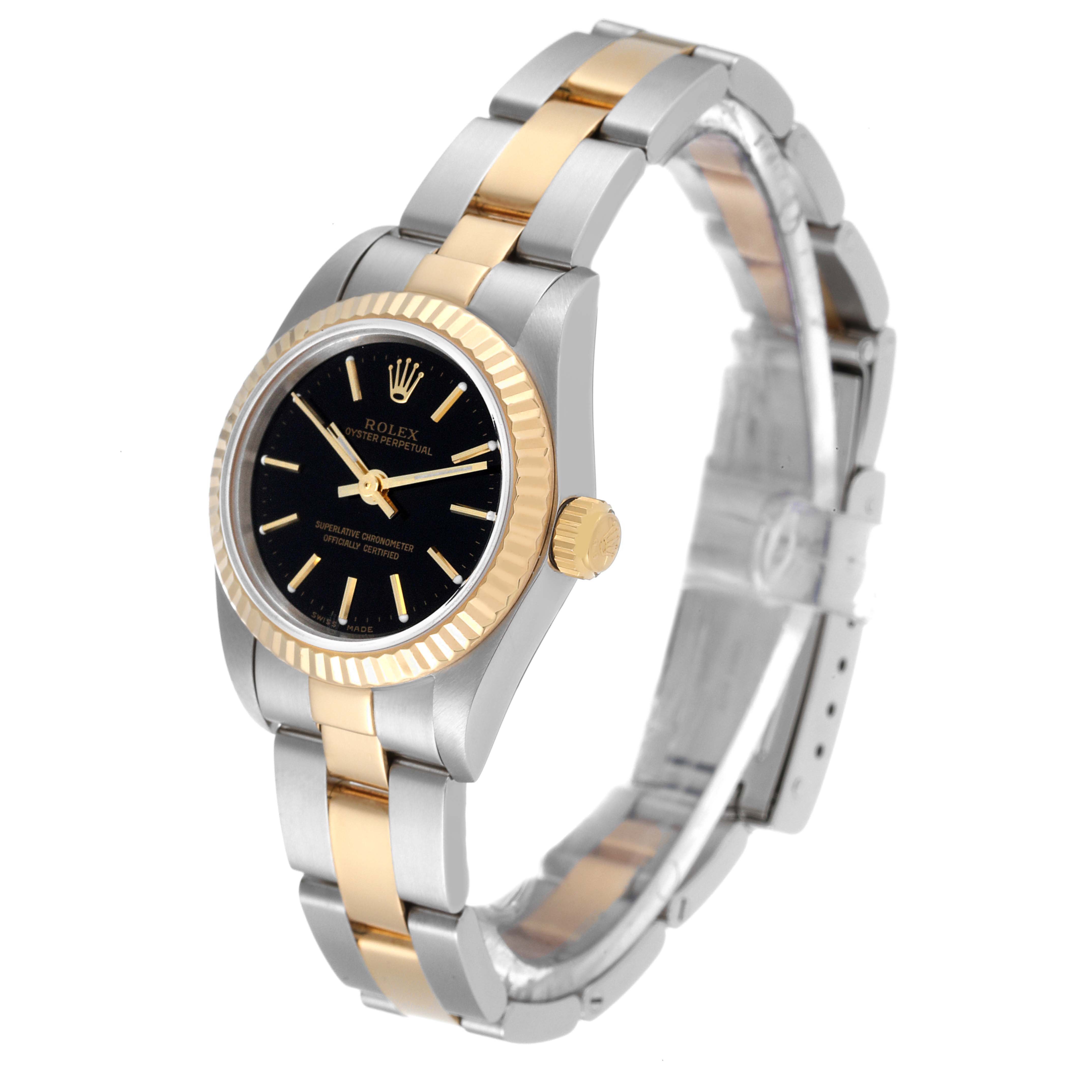 The image shows a Rolex Oyster Perpetual 76193 Women's Steel and Gold (two tone) Black Dial 76193 Women's Steel and Gold (two tone) Black Dial watch at a three-quarter angle, highlighting its gold and silver bracelet and black dial.
