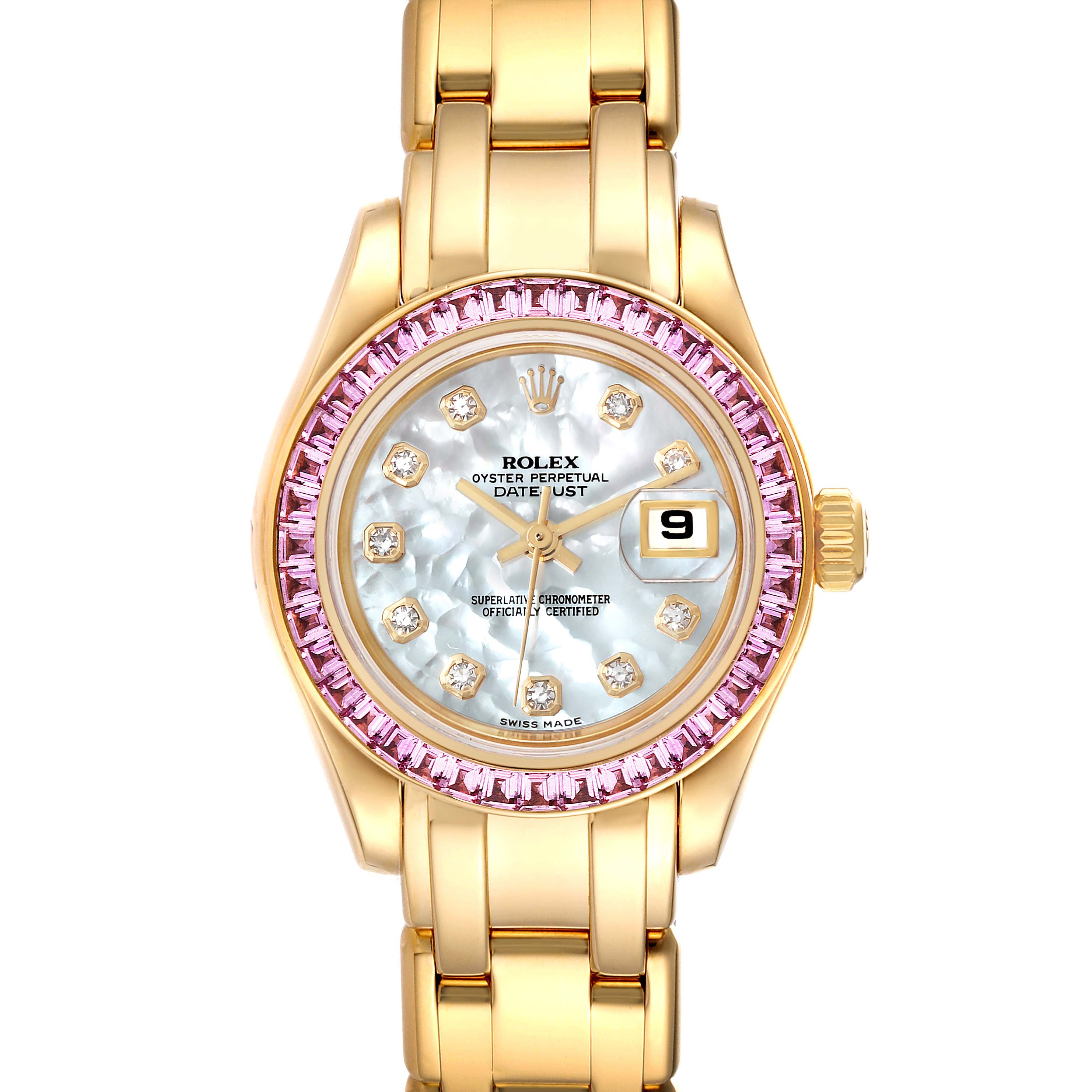 The Rolex Pearlmaster 80308 Women's Yellow Gold Mother of Pearl Dial 80308 Women's Yellow Gold Mother of Pearl Dial watch is shown from the front, displaying the face, bezel, and part of the bracelet.