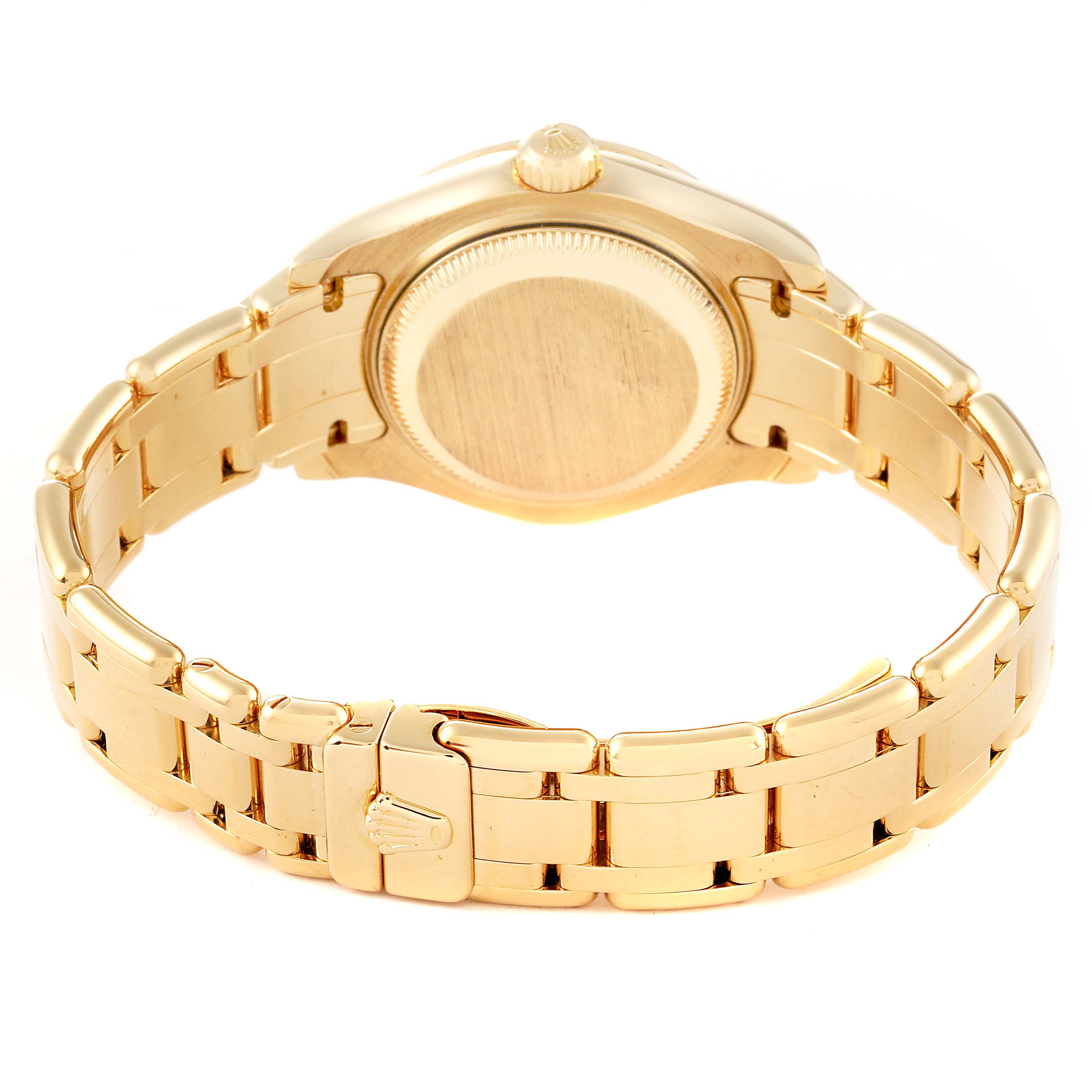 The image shows the rear view of a Rolex Pearlmaster 80308 Women's Yellow Gold Mother of Pearl Dial 80308 Women's Yellow Gold Mother of Pearl Dial watch, highlighting the bracelet and case back.