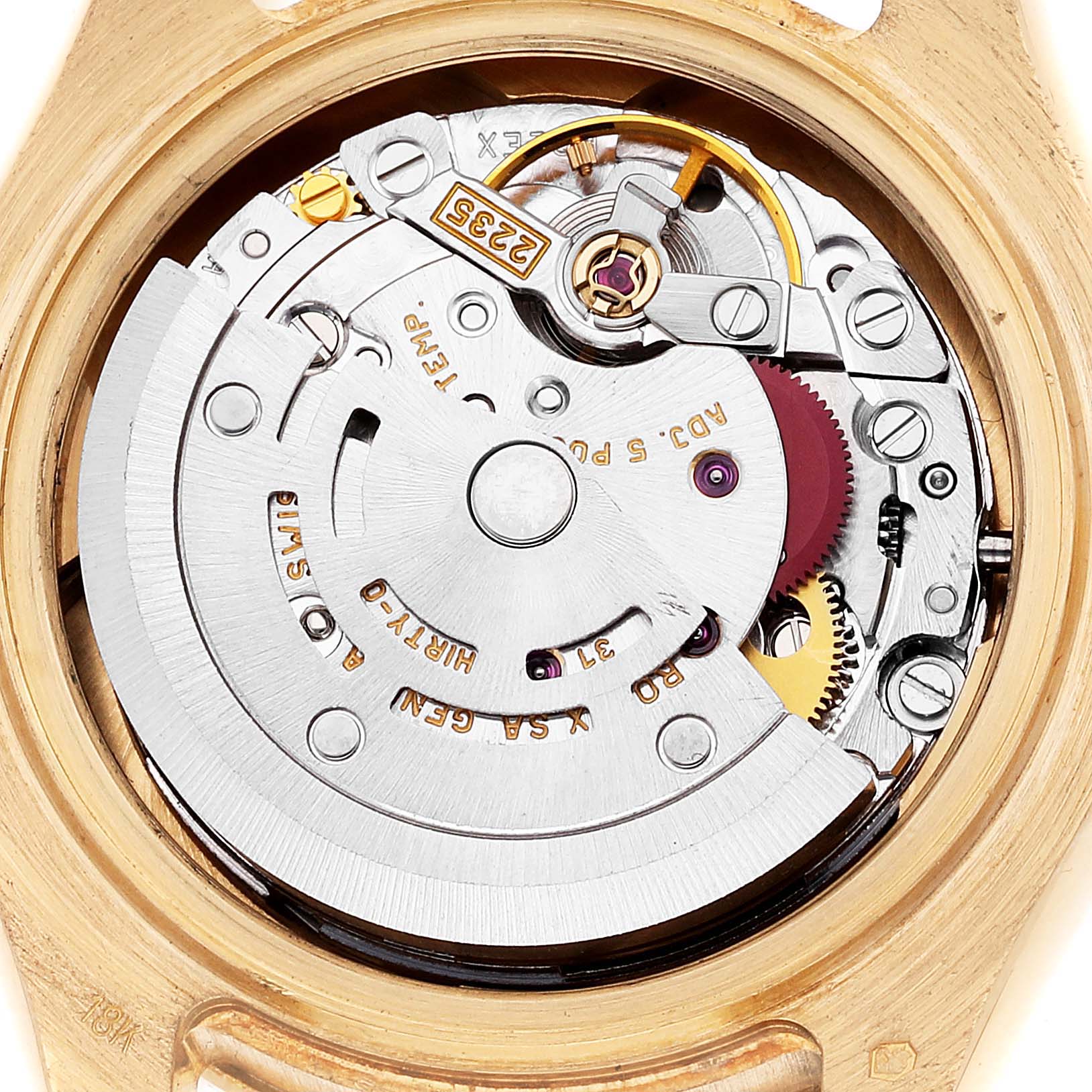 The image shows the movement mechanism of a Rolex Pearlmaster 80308 Women's Yellow Gold Mother of Pearl Dial 80308 Women's Yellow Gold Mother of Pearl Dial watch, viewed from the back without its case back.