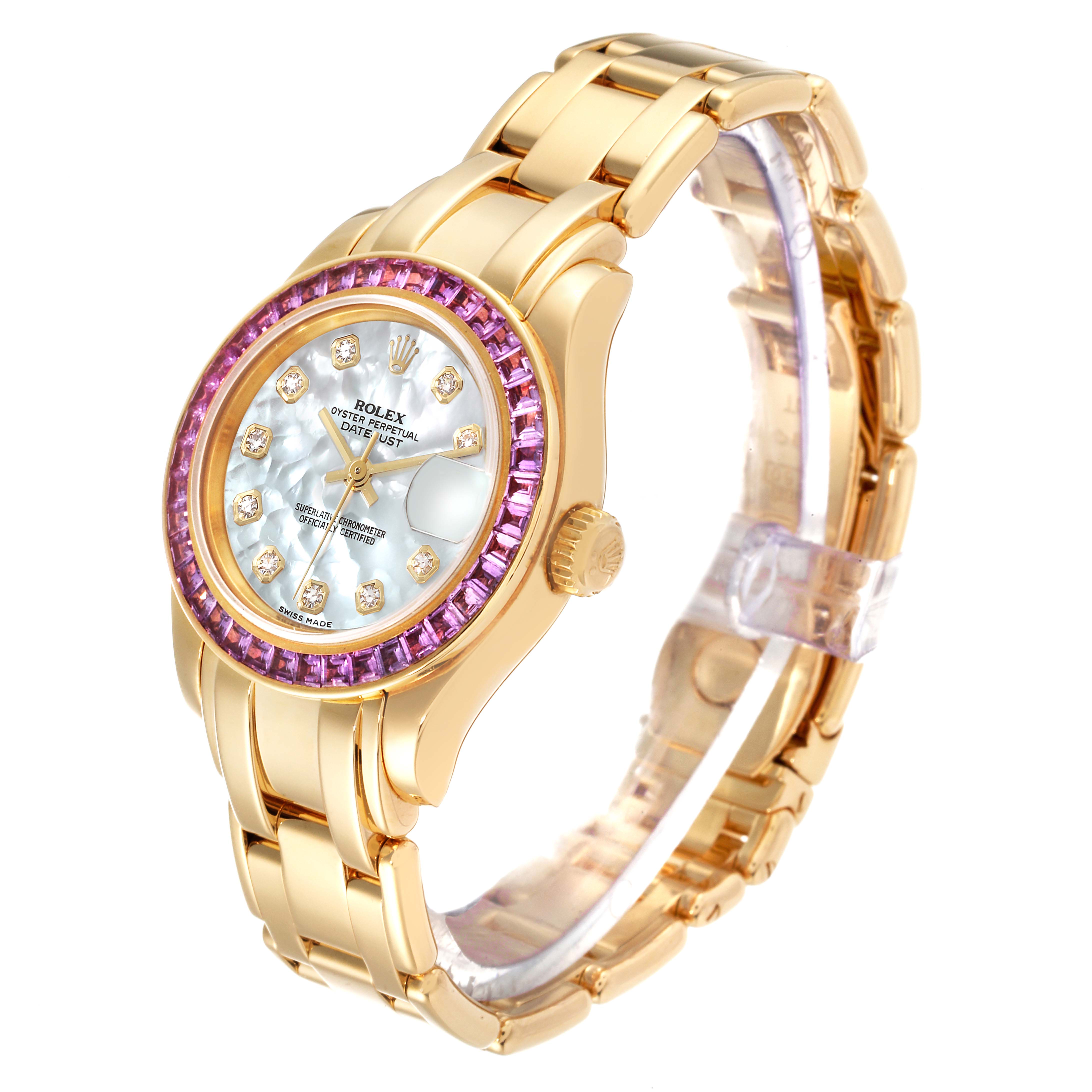 The Rolex Pearlmaster 80308 Women's Yellow Gold Mother of Pearl Dial 80308 Women's Yellow Gold Mother of Pearl Dial watch is shown at a slight angle, displaying the face, bracelet, and crown.