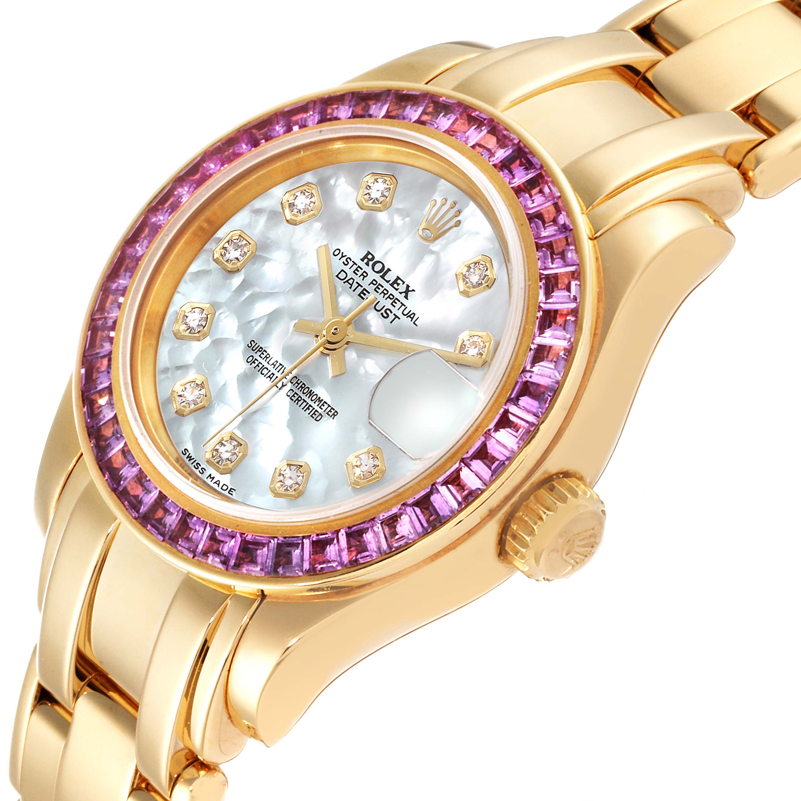 This image shows a Rolex Pearlmaster 80308 Women's Yellow Gold Mother of Pearl Dial 80308 Women's Yellow Gold Mother of Pearl Dial watch at an angled close-up, highlighting the dial, bezel, crown, and a portion of the bracelet.